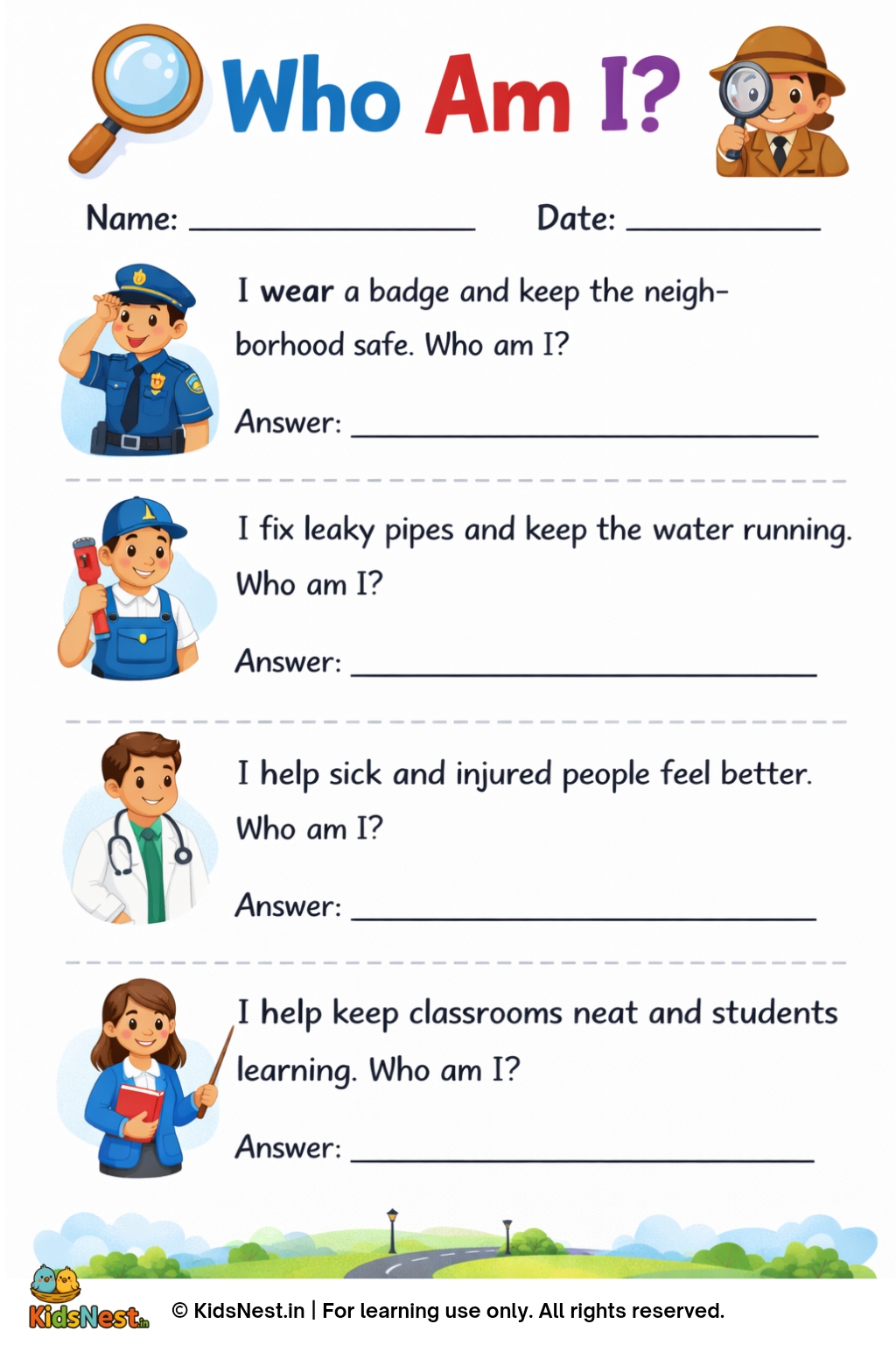 Community Helper Worksheet: Who Am I? Printable for Kids