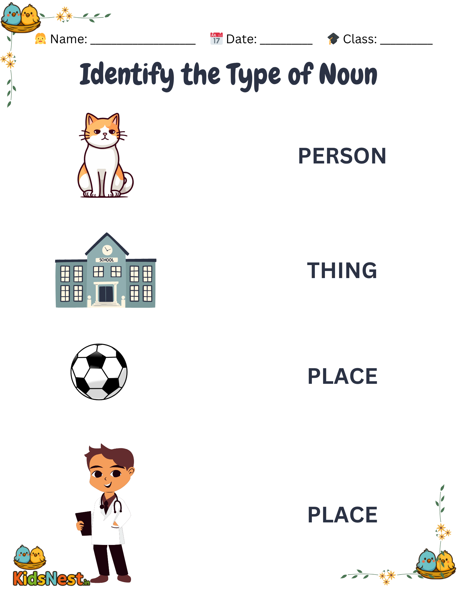 Printable Noun Types Worksheet for Kids | Grammar Activity
