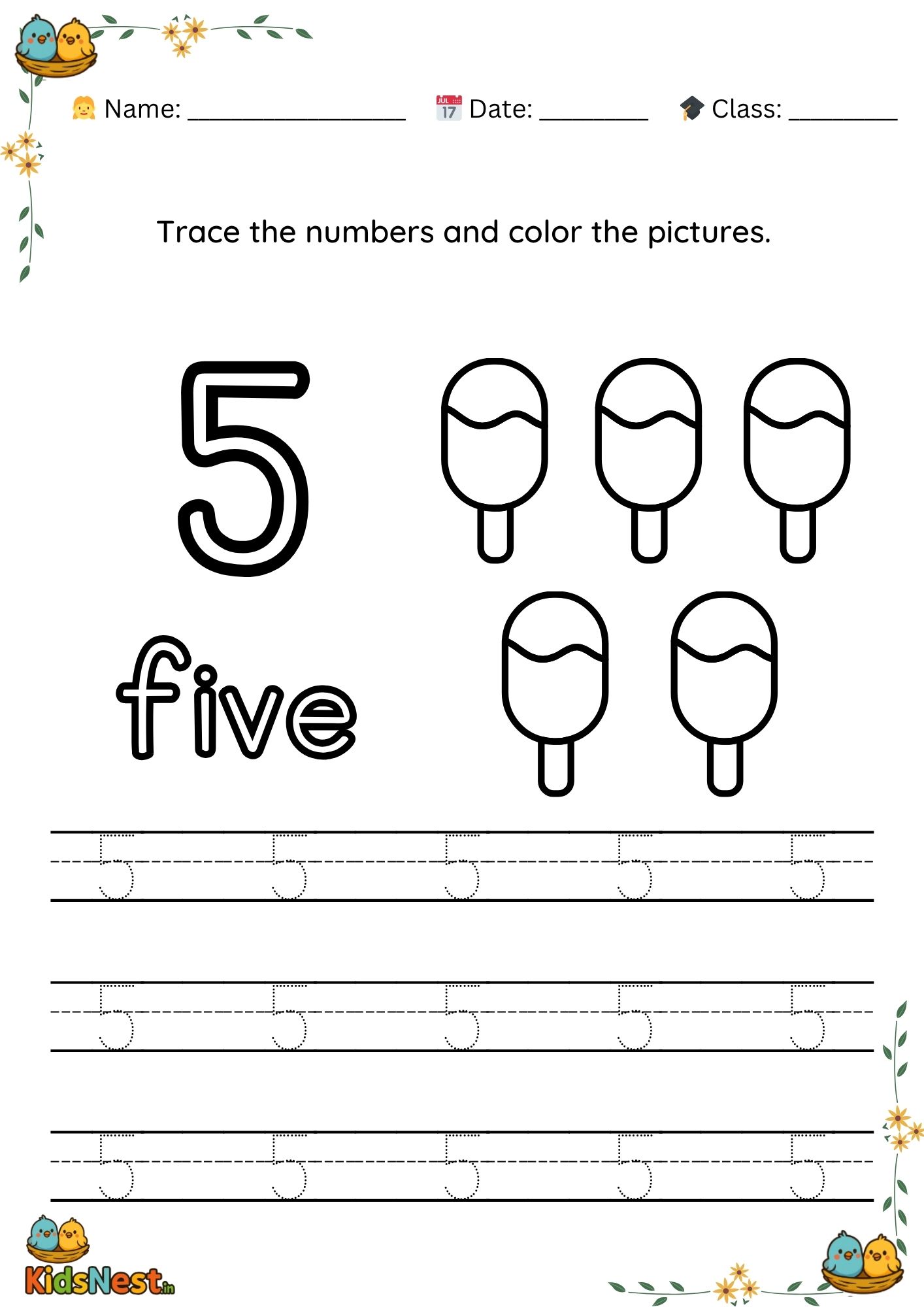 Preschool Number 5 Tracing Worksheet | Printable Kids Activity