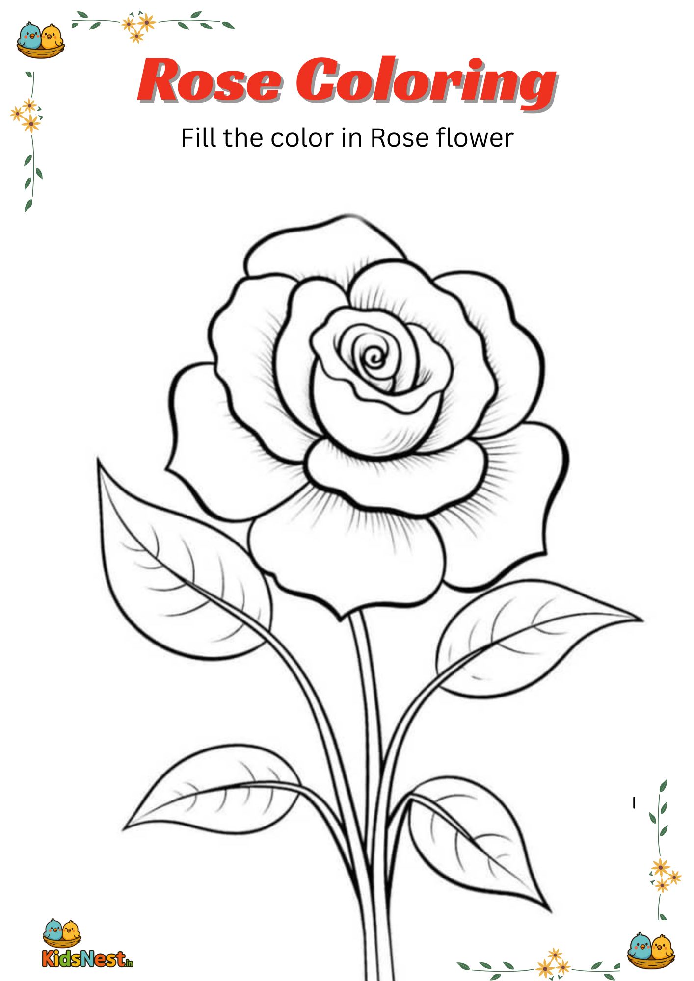Printable Rose Flower Coloring Page for Kids | Free PDF