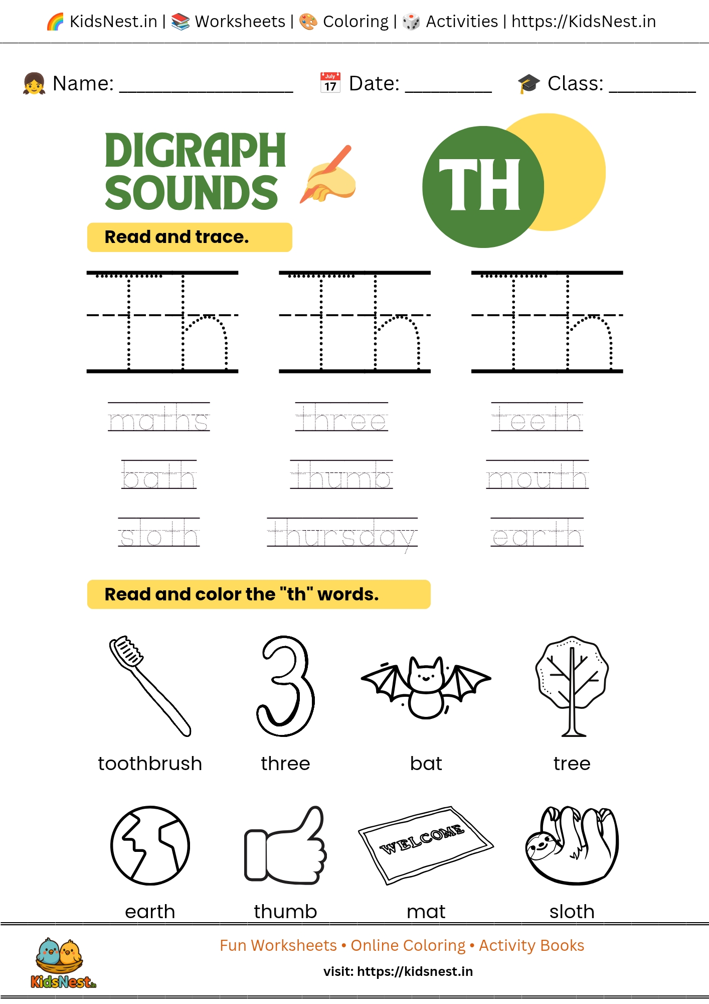 TH Digraph Sound Activities & Worksheets for Kids