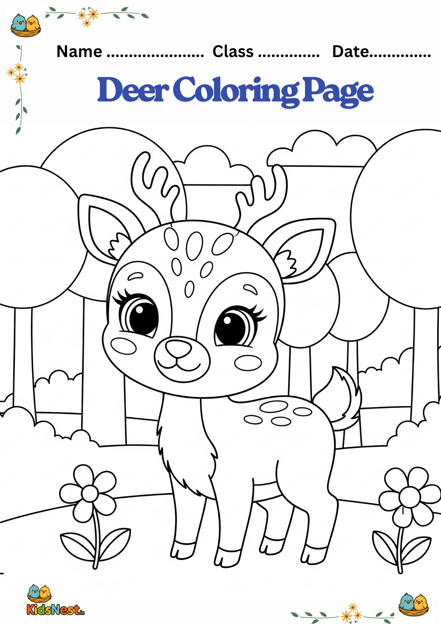 Cute Deer Coloring Page for Kids - Free Printable Activity