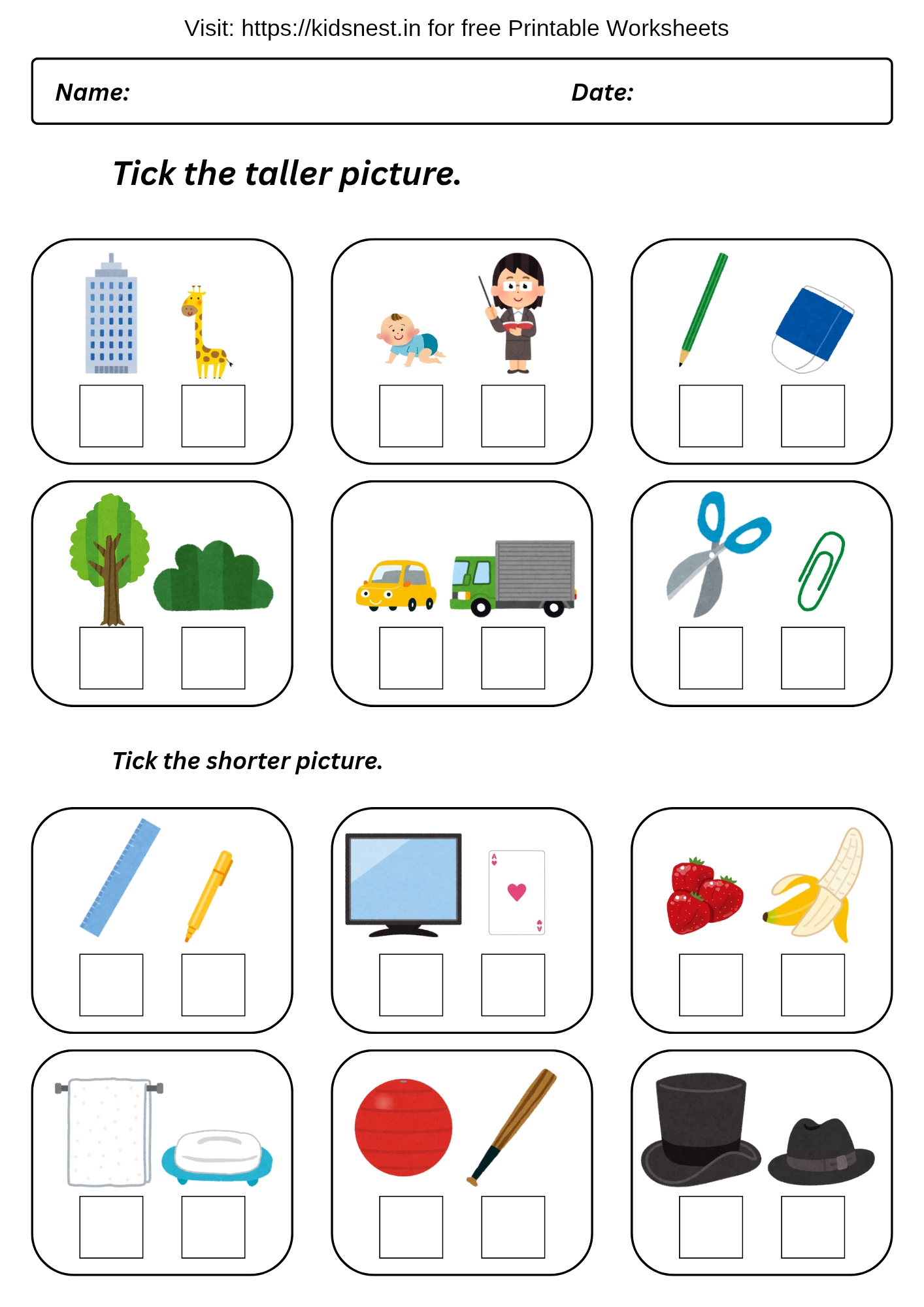 Tall or Short Worksheet for Kids | Printable Activity