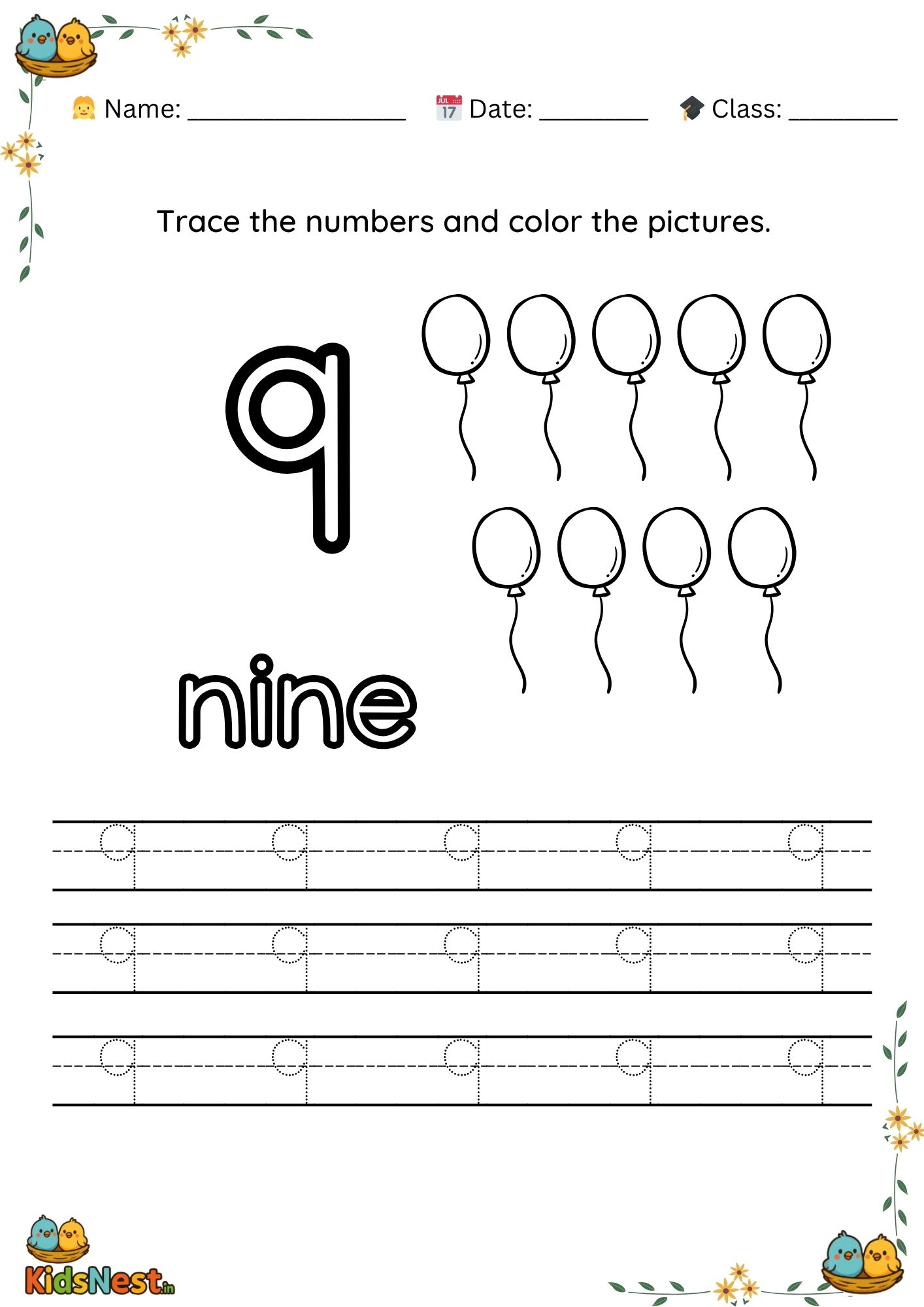 Preschool Number 9 Tracing Worksheet | Printable Activity
