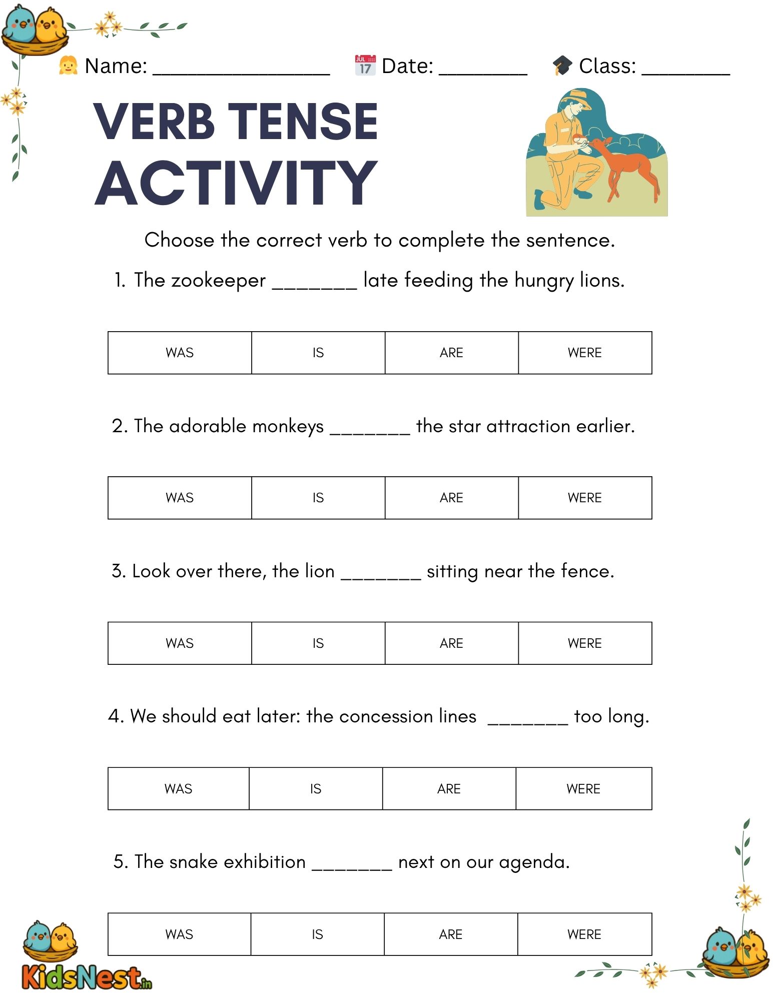 Printable Verb & Tense Worksheet for Kids | Grammar Activity