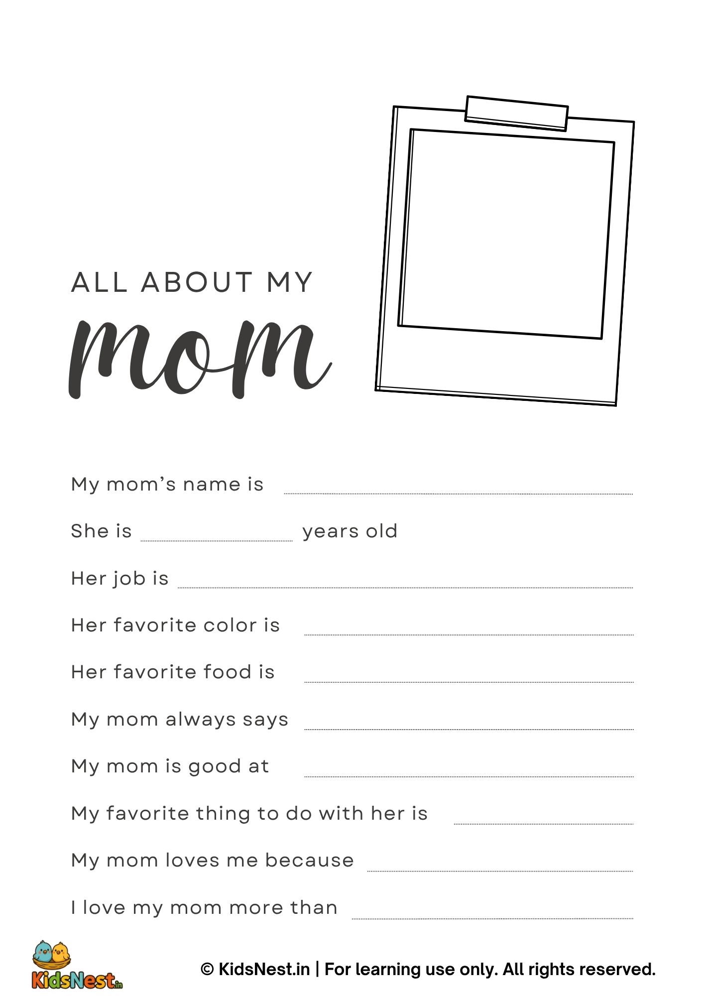All About My Mom worksheet for Mother's Day