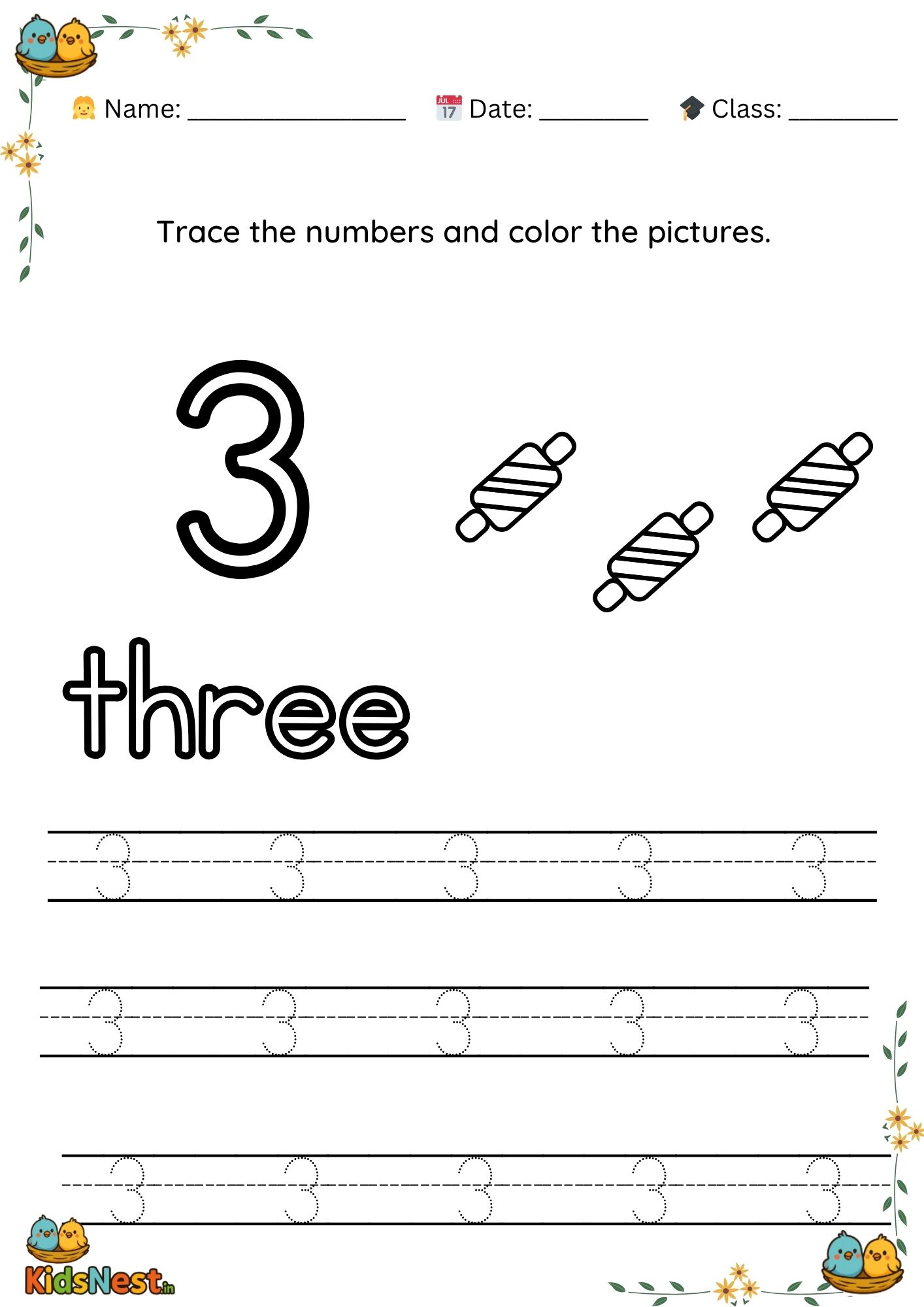 Preschool Number 3 Tracing Worksheet | Free Printable