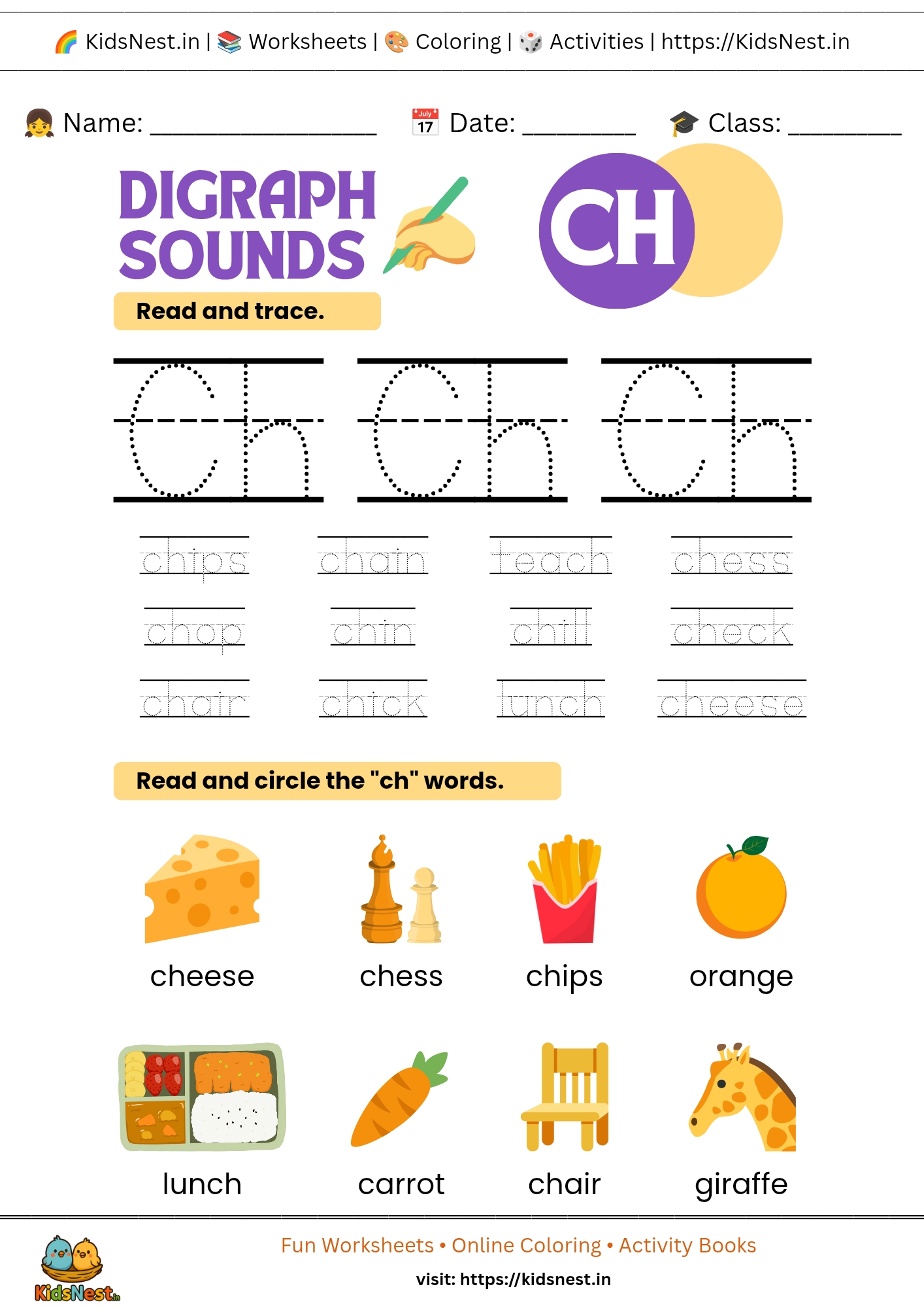 Printable CH Digraph Worksheets & Activities for Kids | Phonics