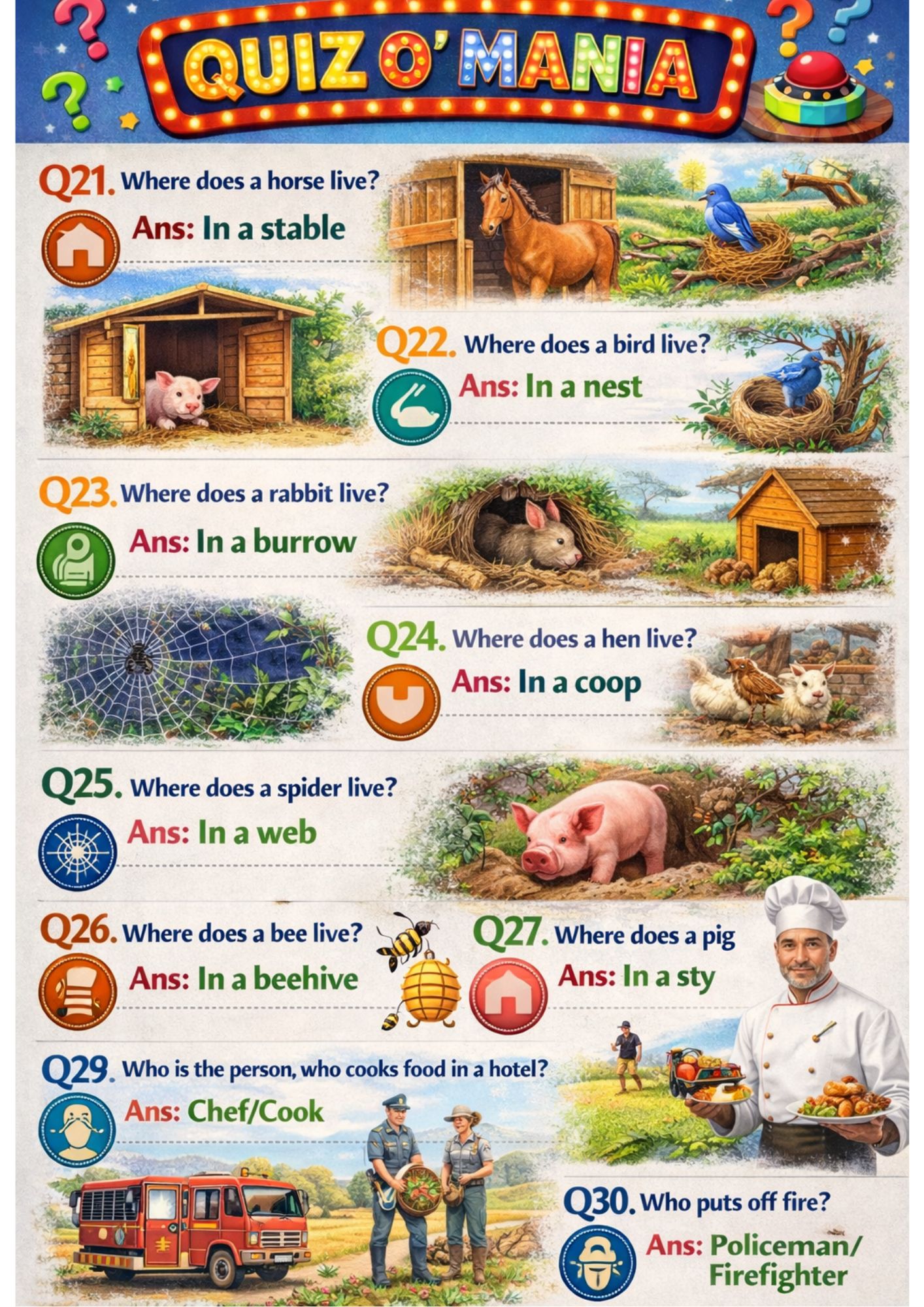 Printable Quiz: Animal Homes & Community Helpers for Kids
