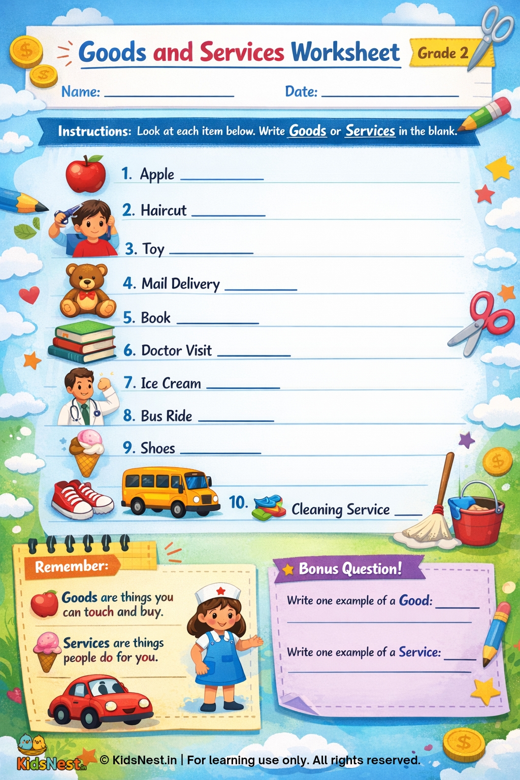 Printable Goods & Services Worksheet for Kids & Teachers