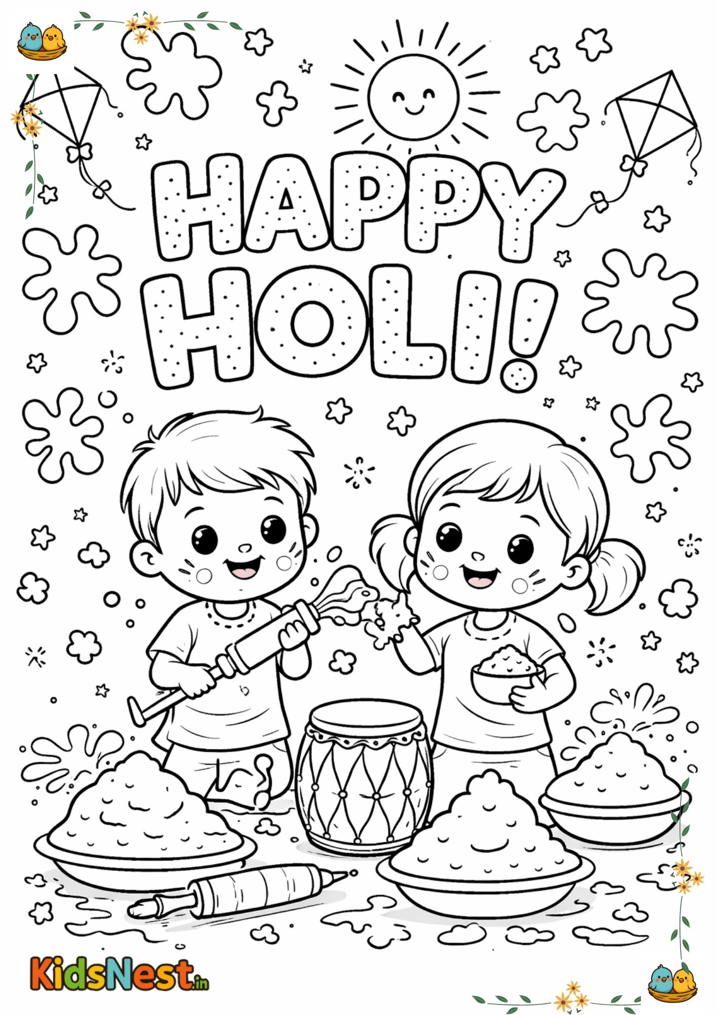 Holi Colouring Page for Kids | Free Printable Activity