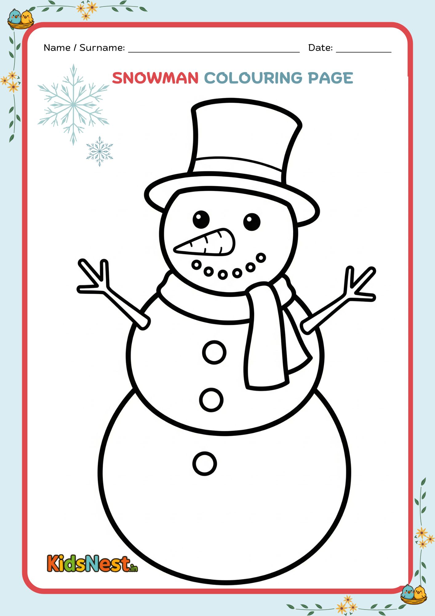 Free Printable Snowman Christmas Colouring Page for Kids