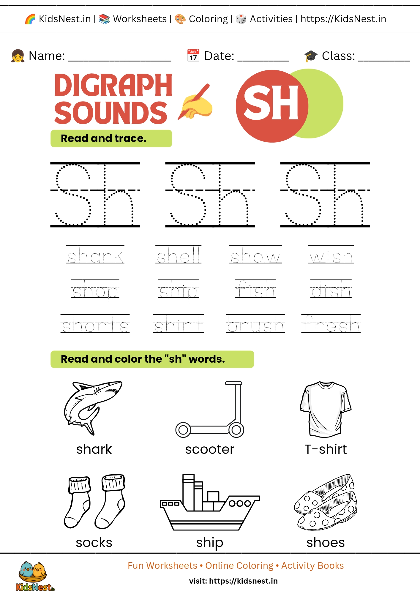Printable SH Digraph Worksheets & Activities for Kids
