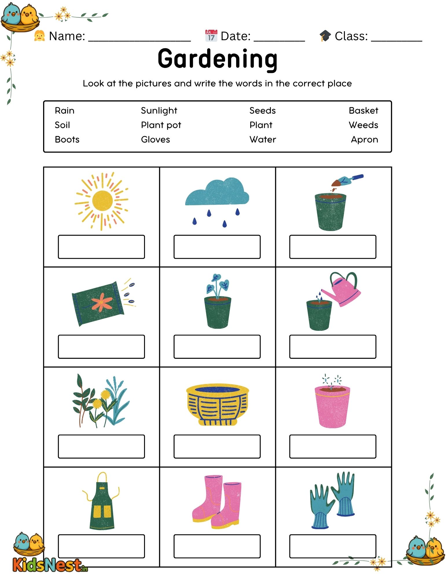 Printable Kids Gardening Worksheet | Picture Writing Activity
