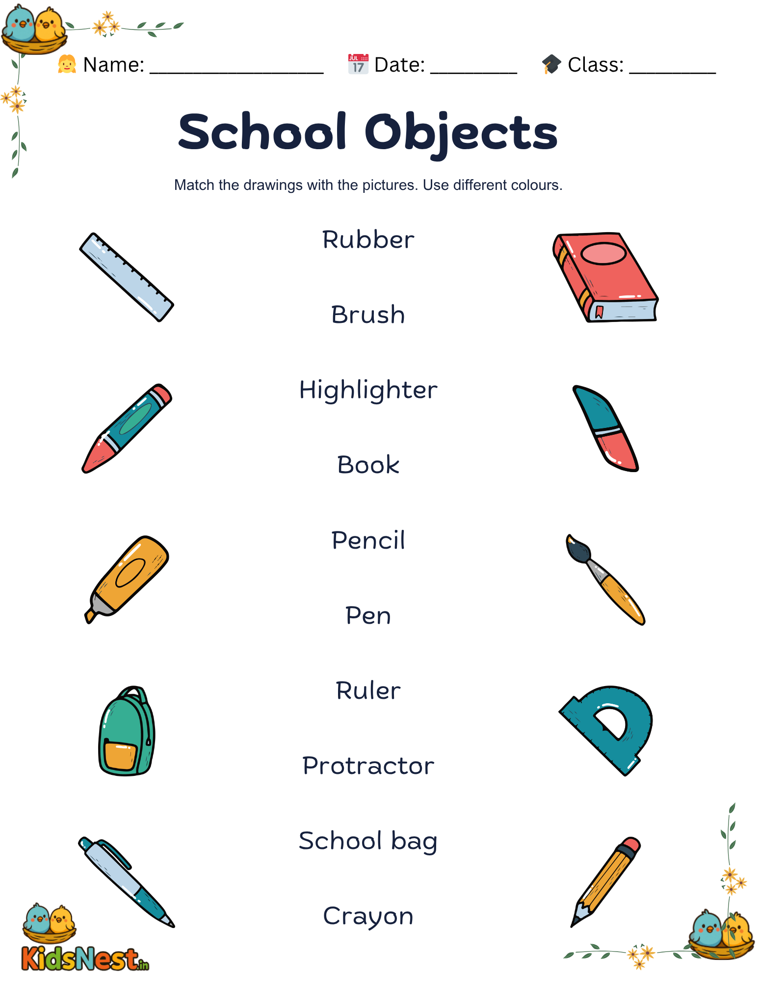 Free Printable School Objects Matching Worksheet for Kids