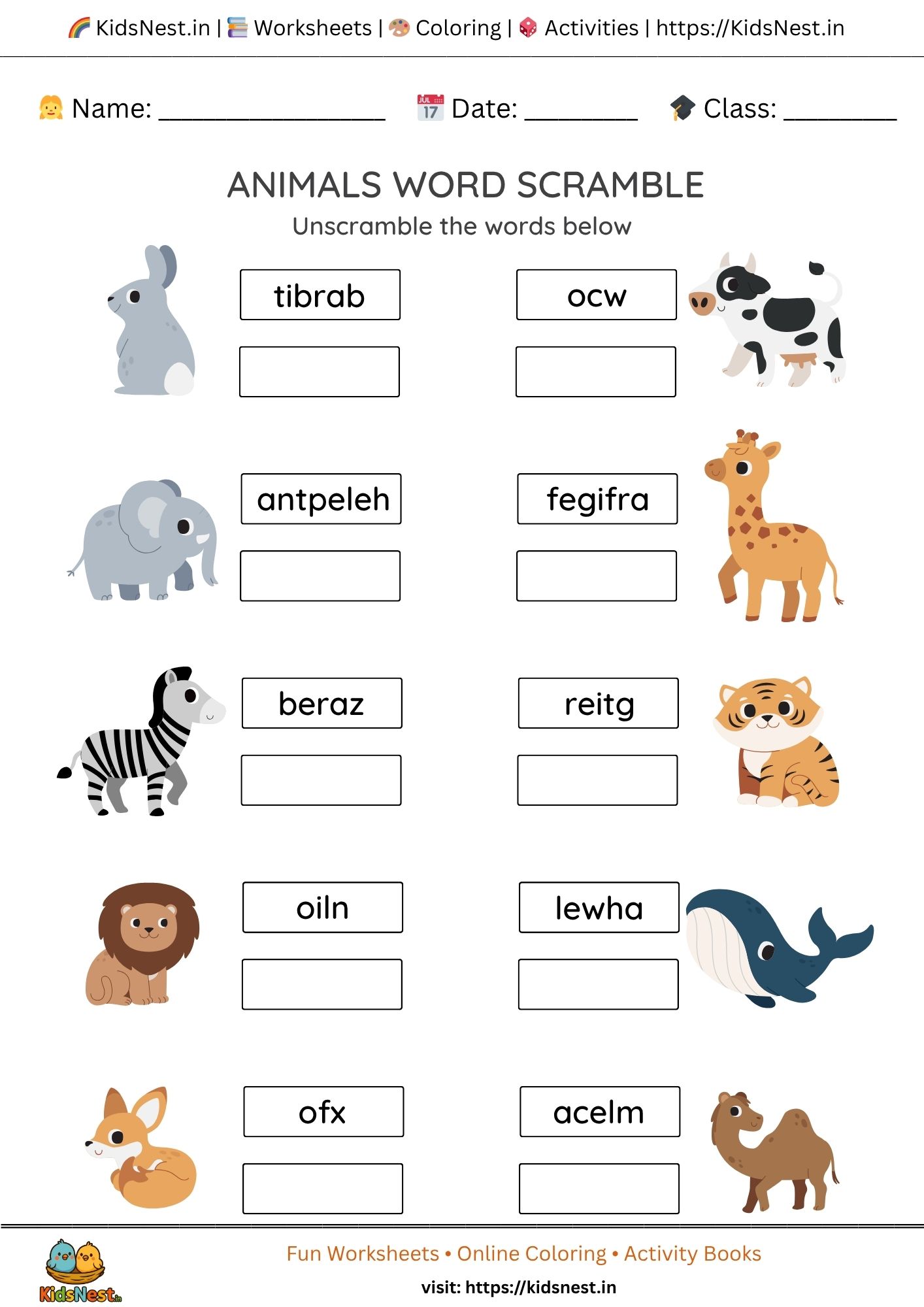 Printable Animals Word Scramble Worksheet for Kids