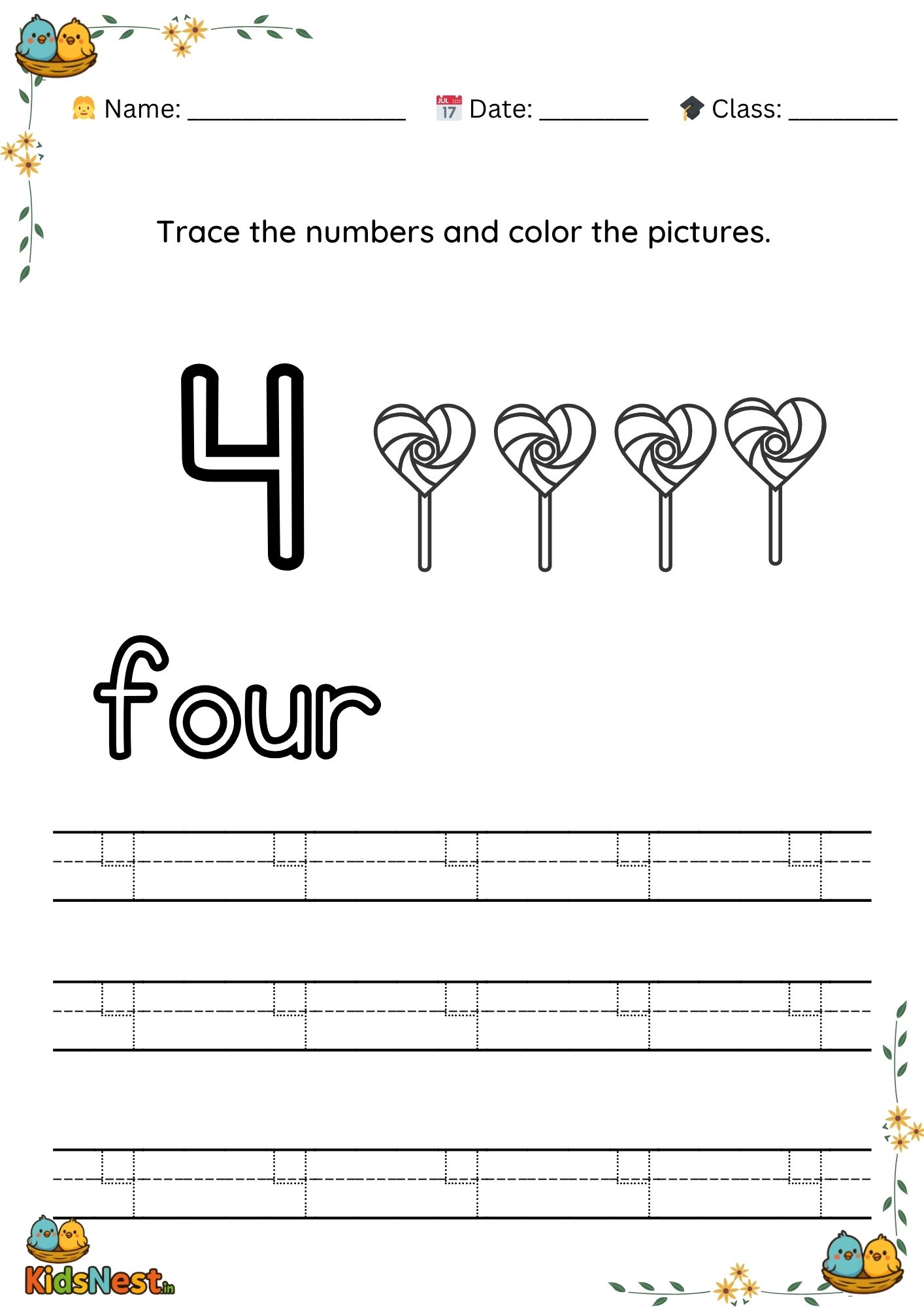 Preschool Number 4 Tracing Worksheet | Free Printable