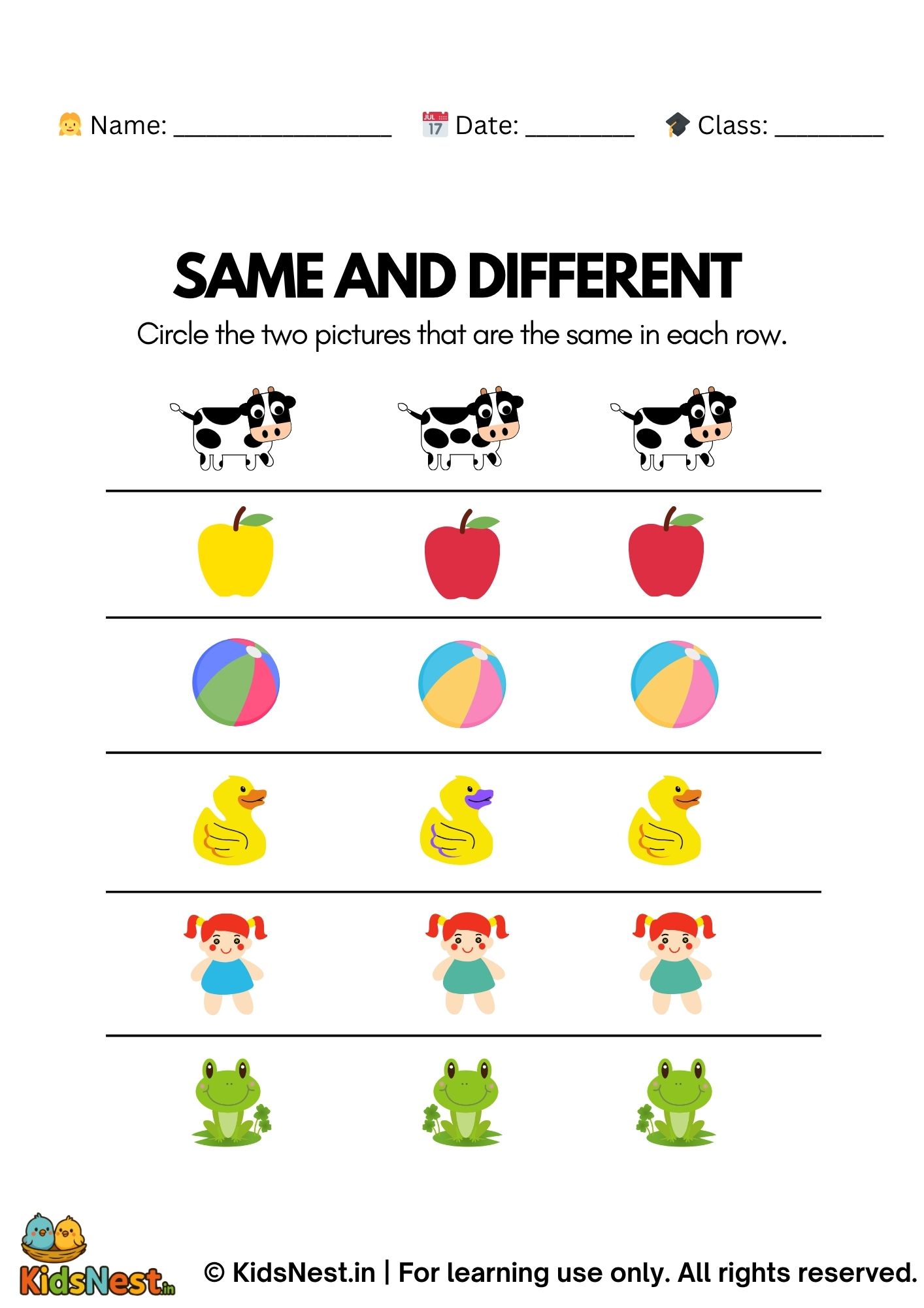 Printable Same & Different Worksheet for Kids | Preschool