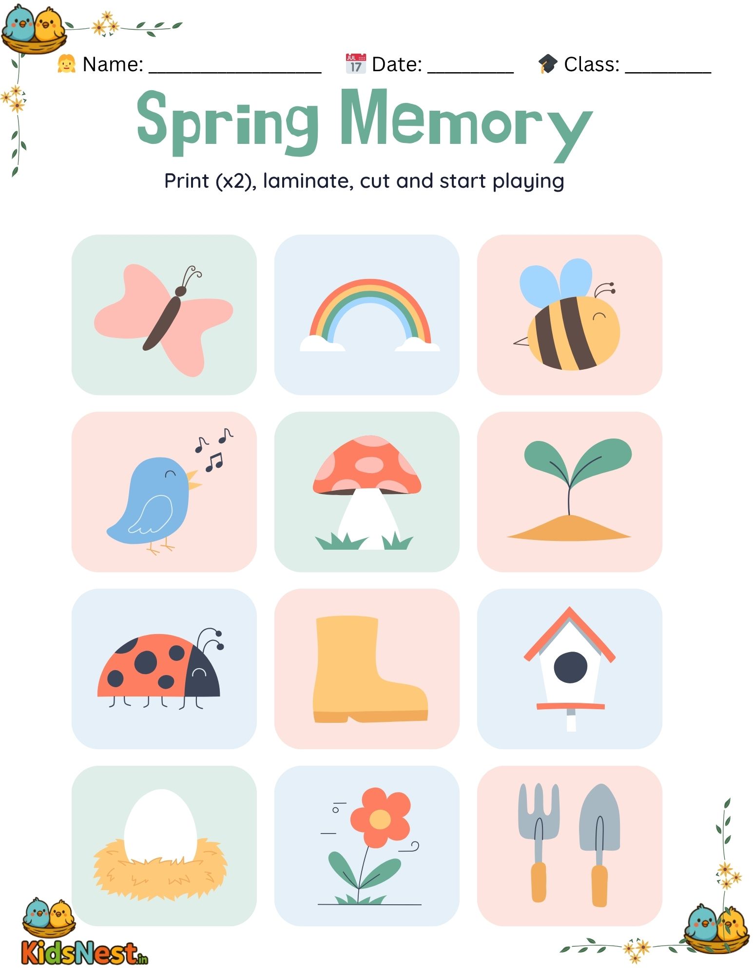 Spring Memory Card Game | Free Printable Worksheet for Kids