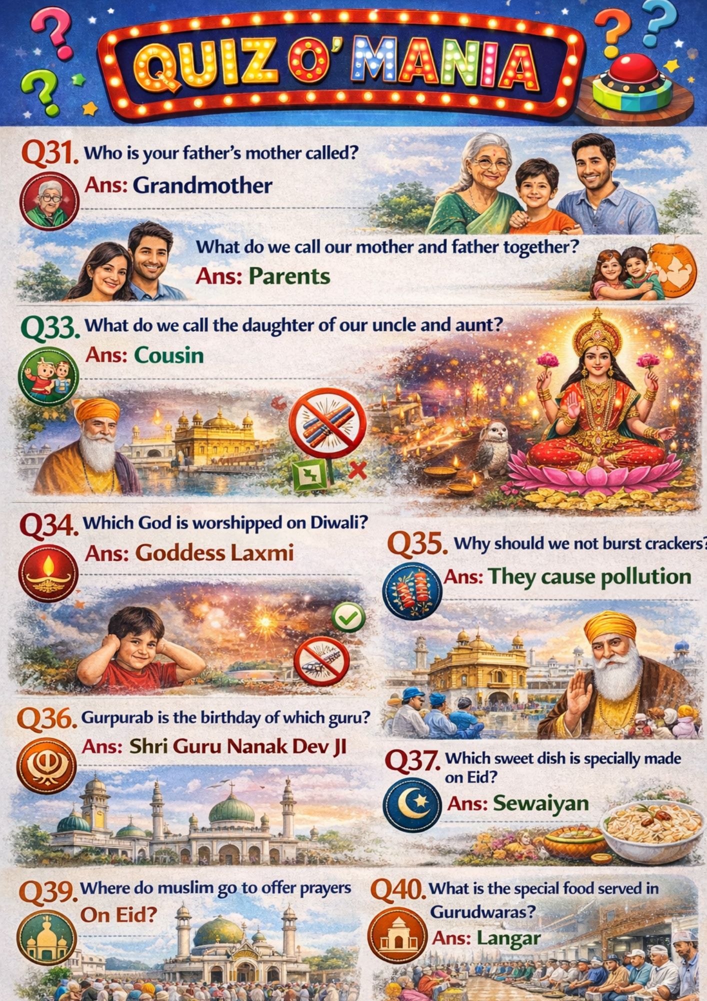 Kids Family & Festivals Quiz | Printable Educational Activity