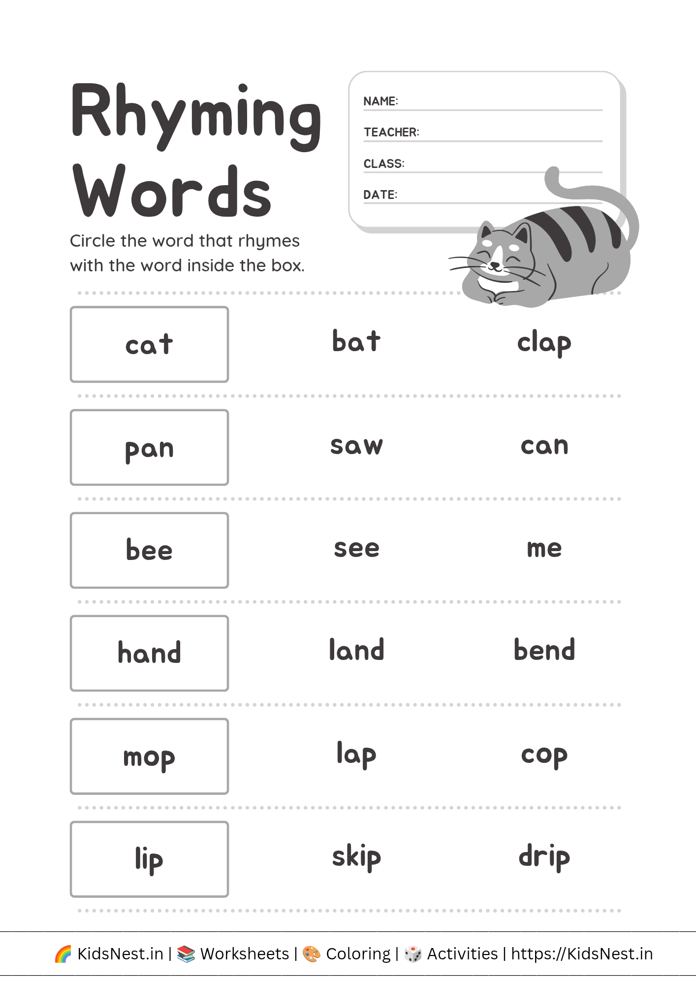 Printable Rhyming Words Worksheet for Kids & Teachers