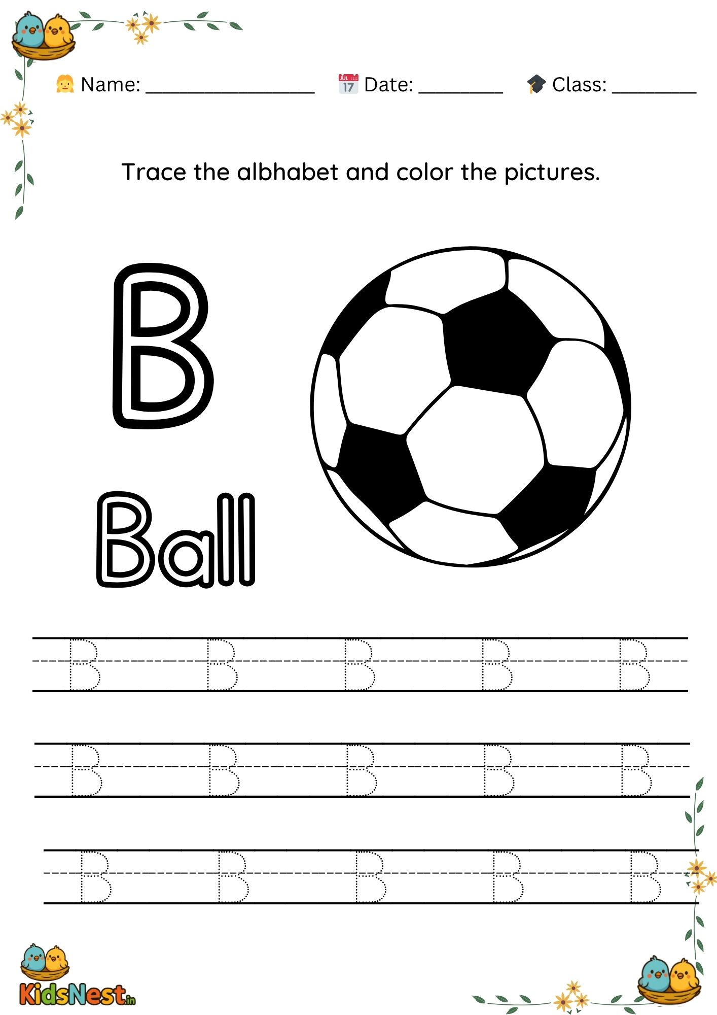 Alphabet B Tracing Worksheet | Printable for Preschoolers