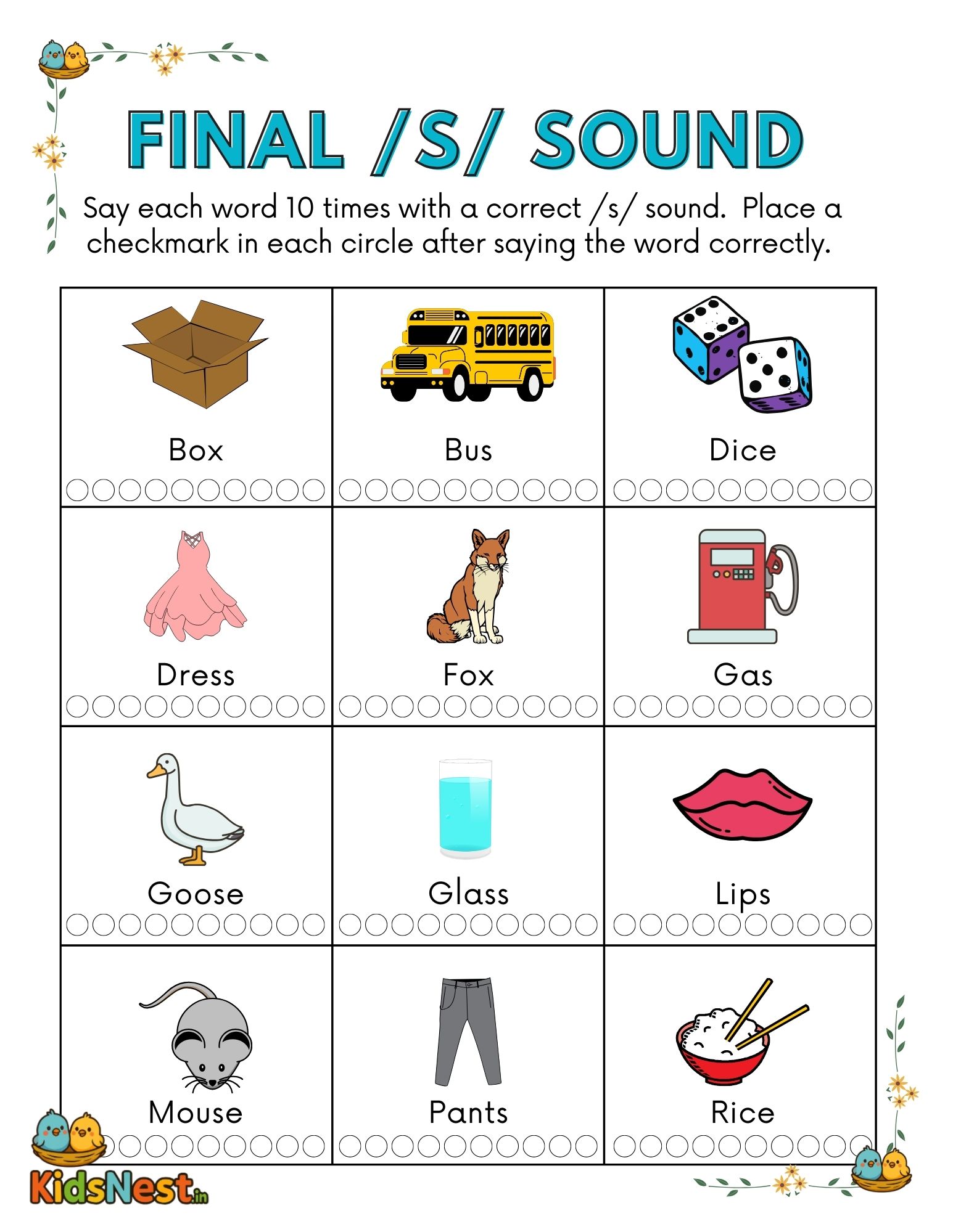 Final /s/ Sound Worksheet | Printable Phonics Activity for Kids