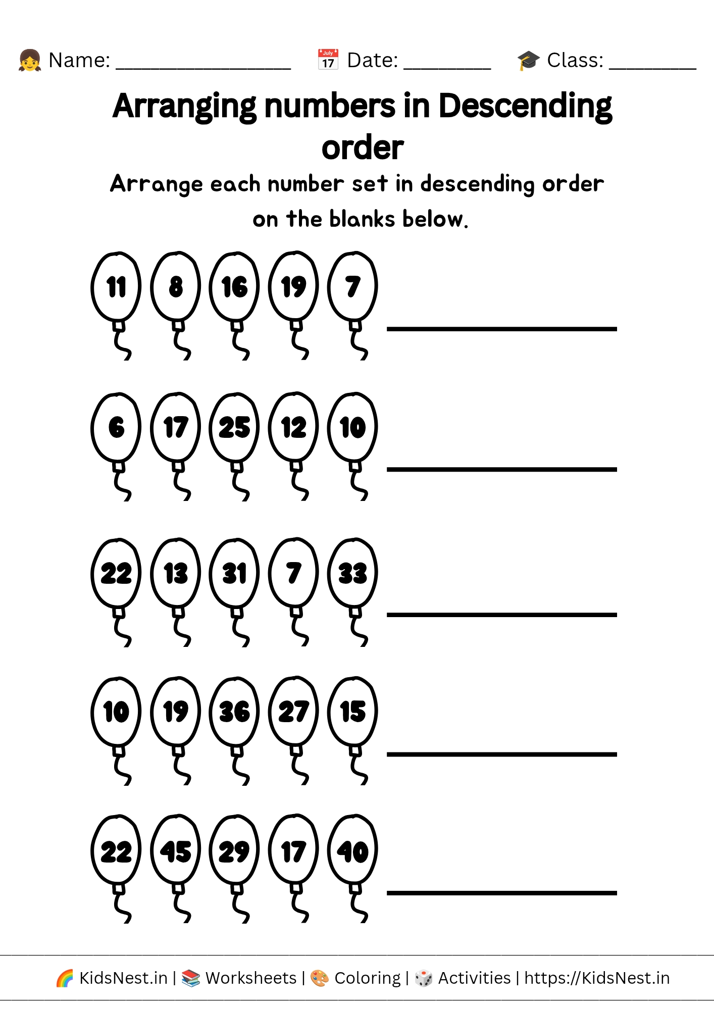 Descending Order Worksheet | Printable Math for Kids