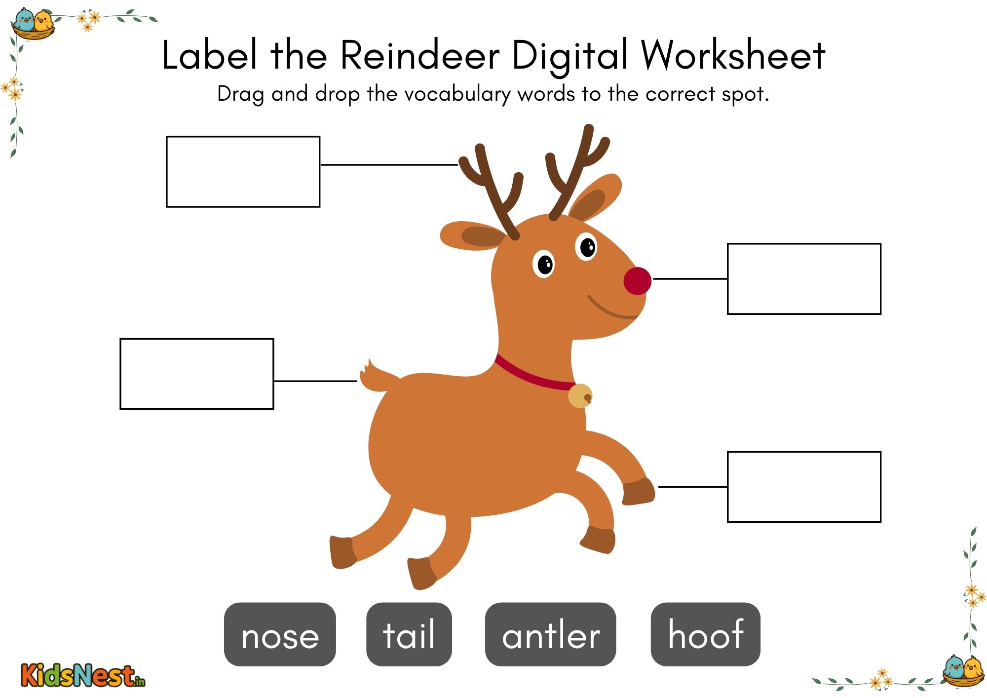 Printable Christmas Reindeer Labeling Worksheet for Kids