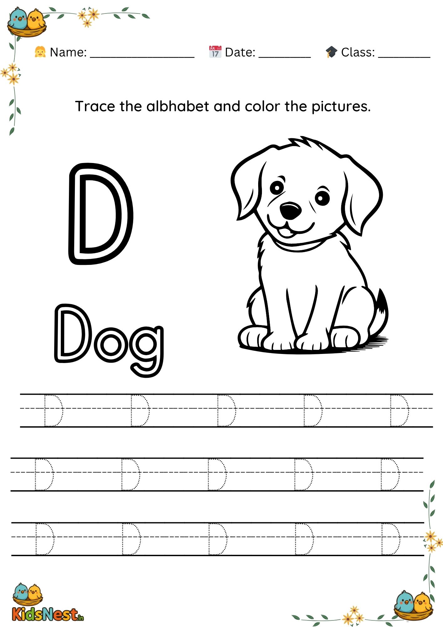 Printable Letter D Tracing Worksheet for Preschool Kids