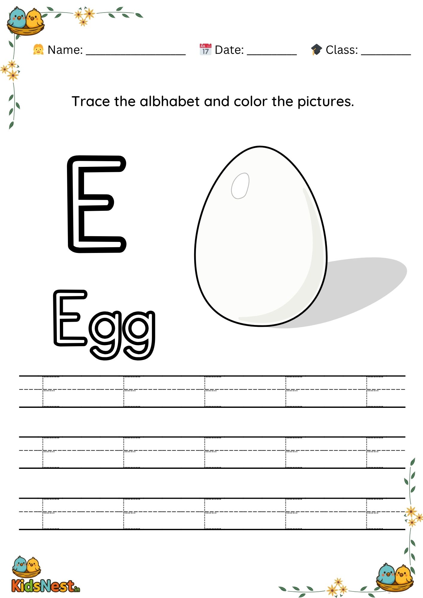 Printable Preschool Letter E Tracing Worksheet