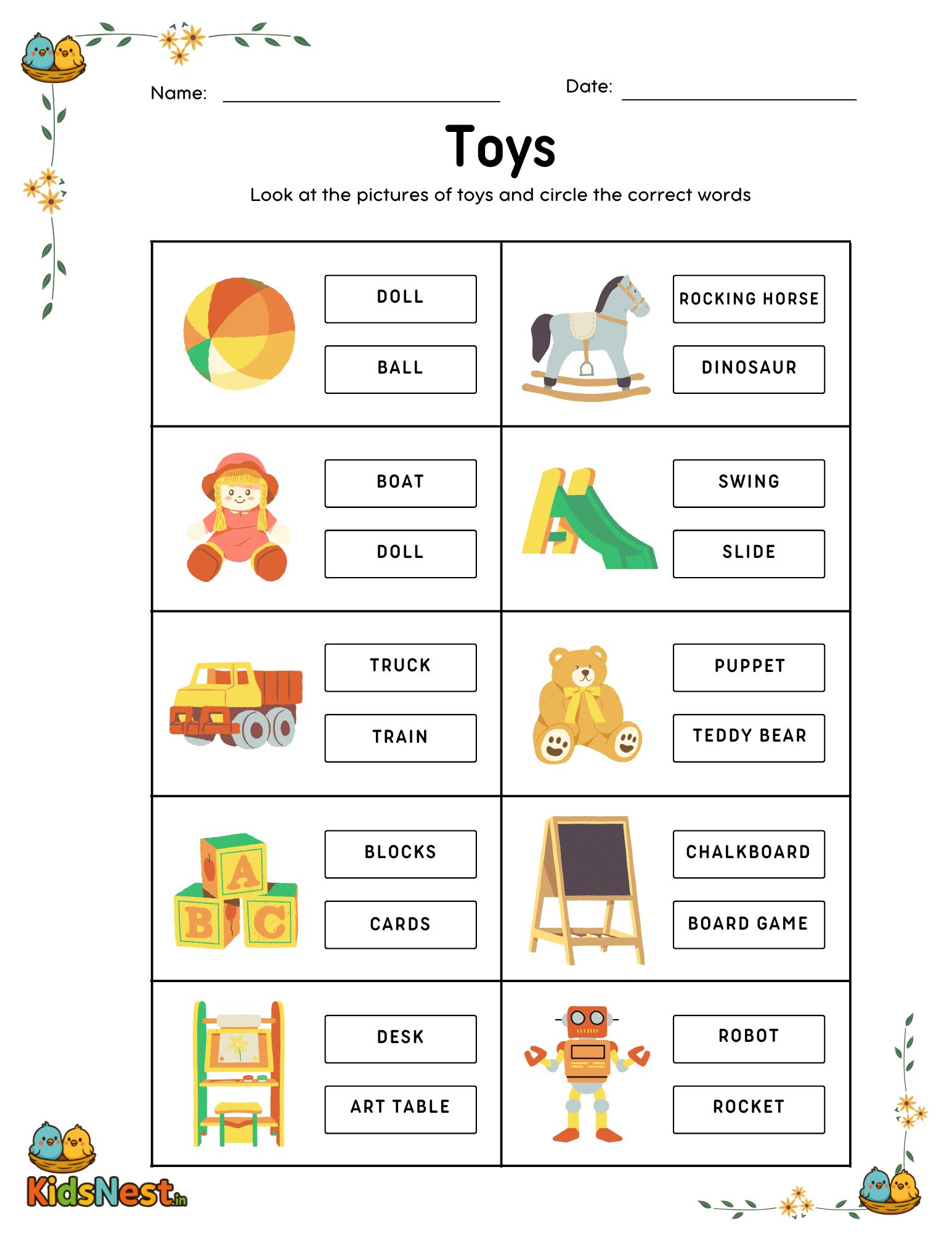 Circle the Correct Toy Name | Printable Worksheet for Kids