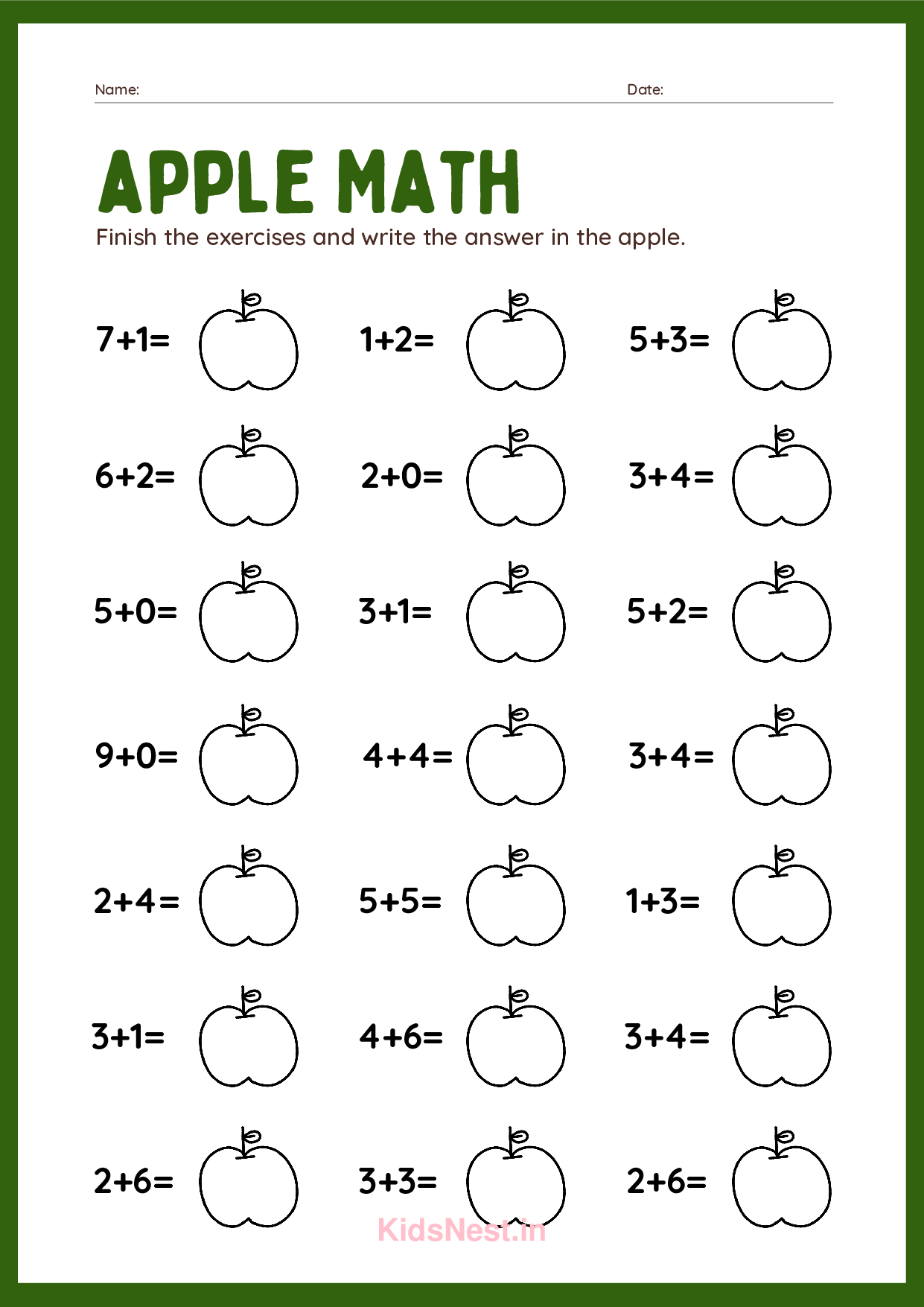 Apple Math Addition Worksheets (1-10) for Kids | Printable