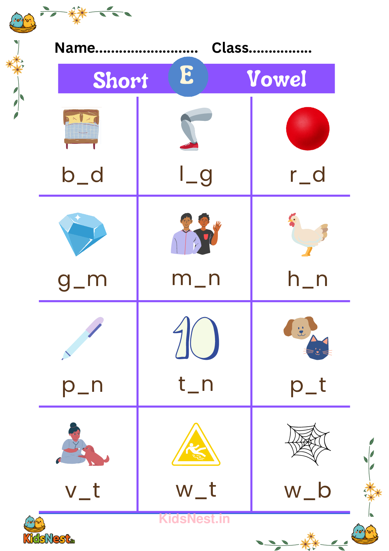 Printable E Vowel Worksheet for Kids & Preschoolers