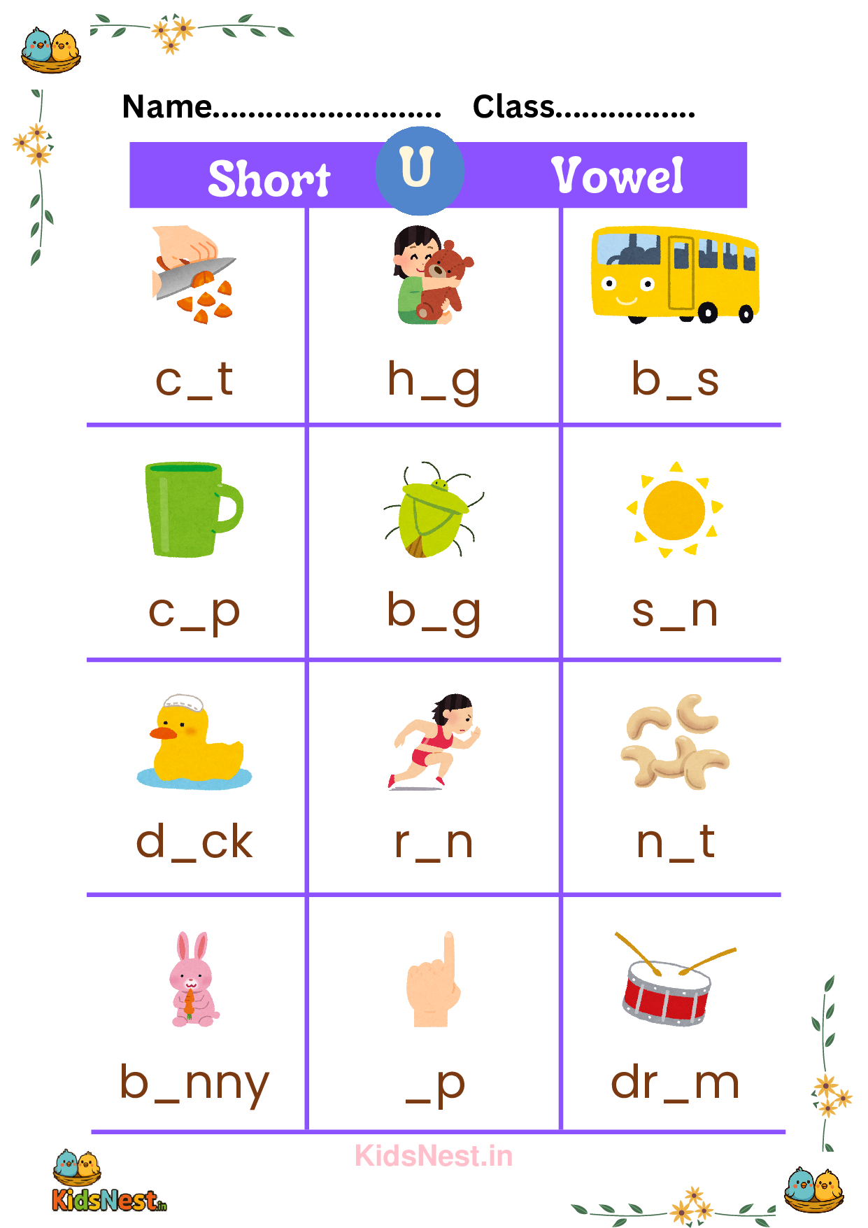 Printable U Vowel Worksheet | Kids Educational Activity