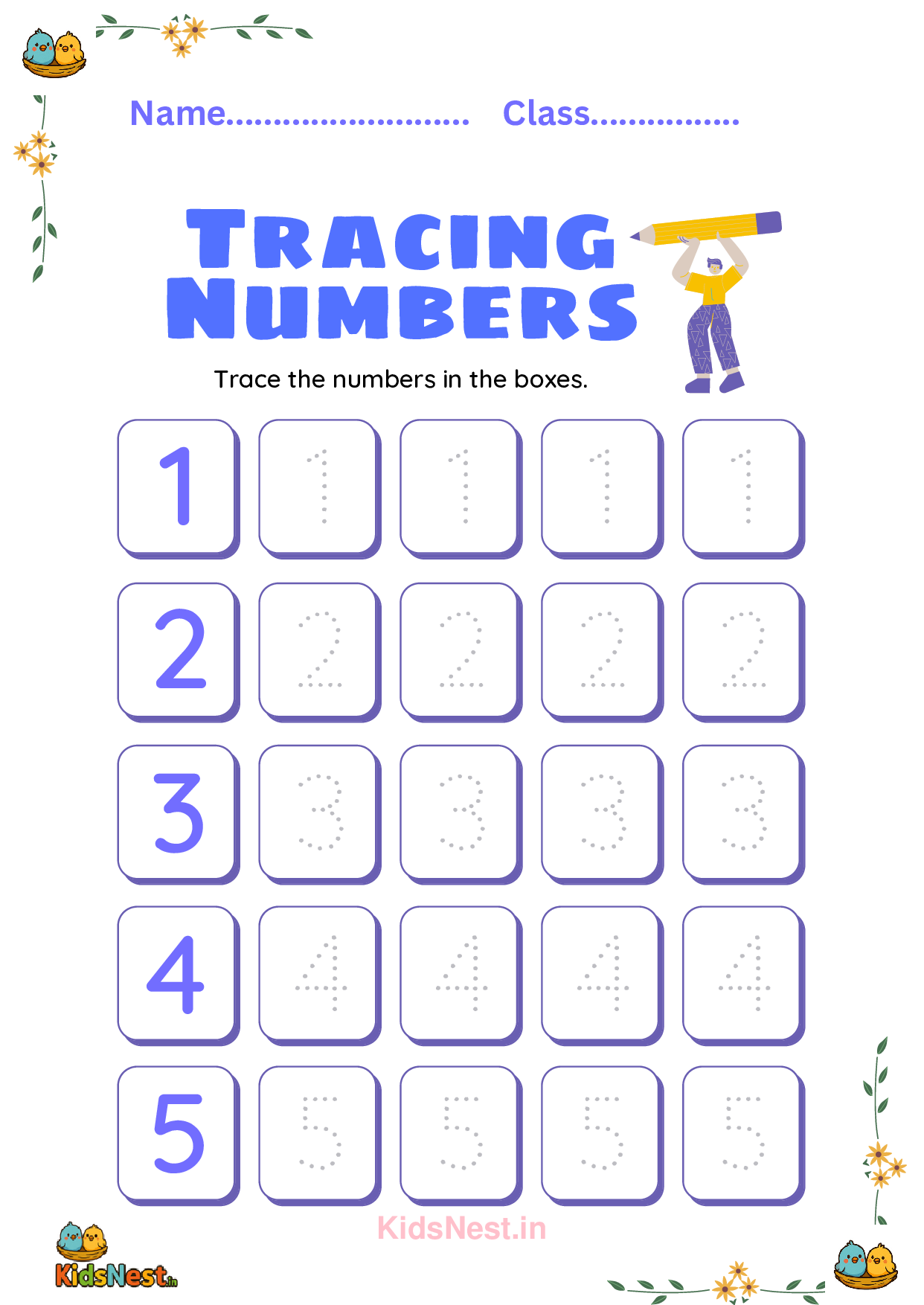 Number Tracing 1-5 Worksheets | Kids Printables