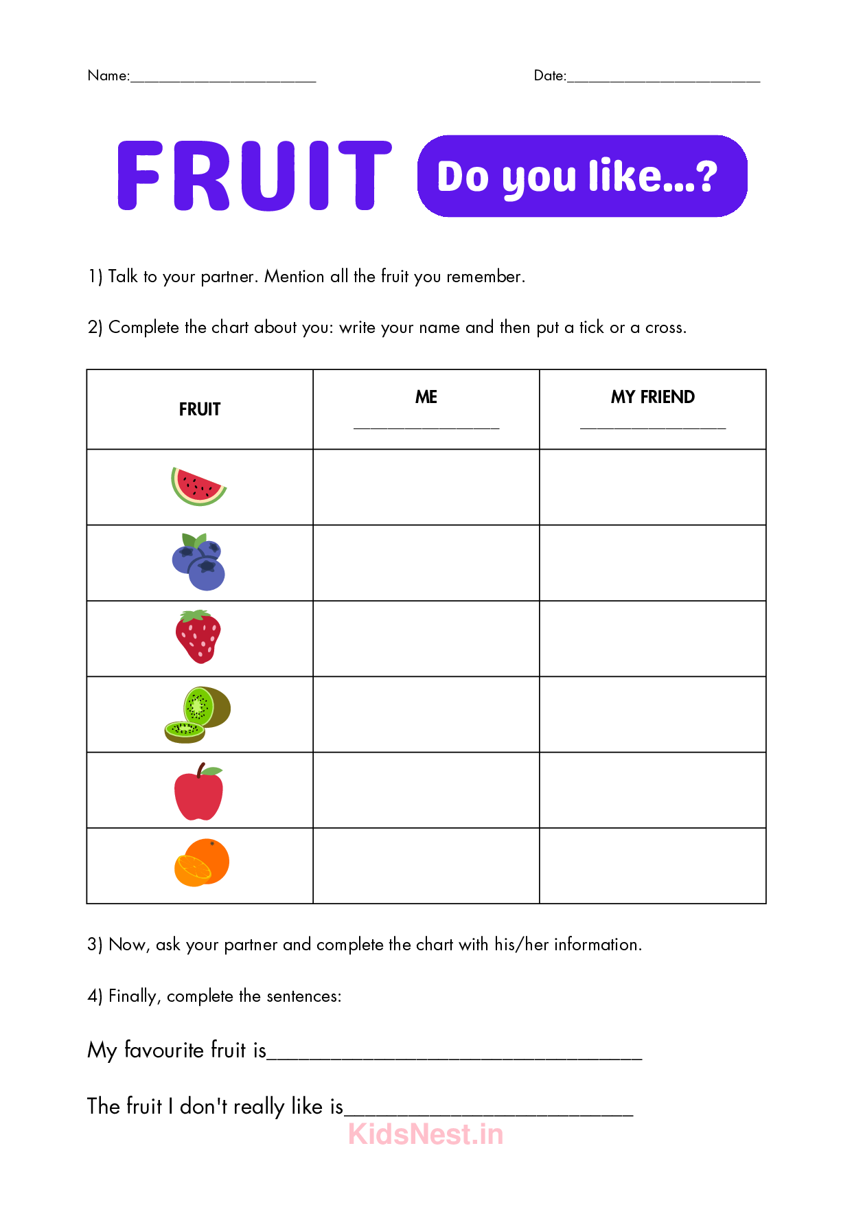 Fruits Name Worksheets for Kids - Printable Activity