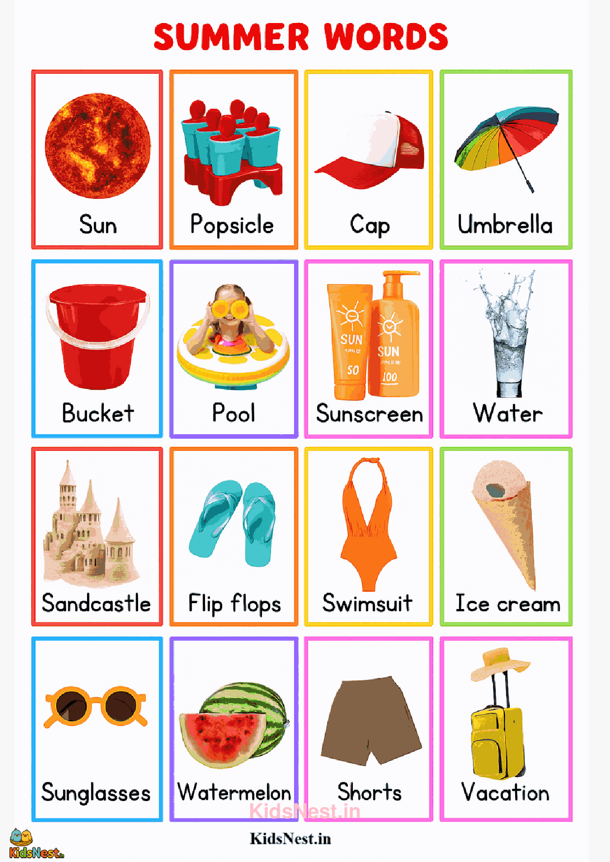 Printable Summer Words Worksheet for Kids | Educational Fun