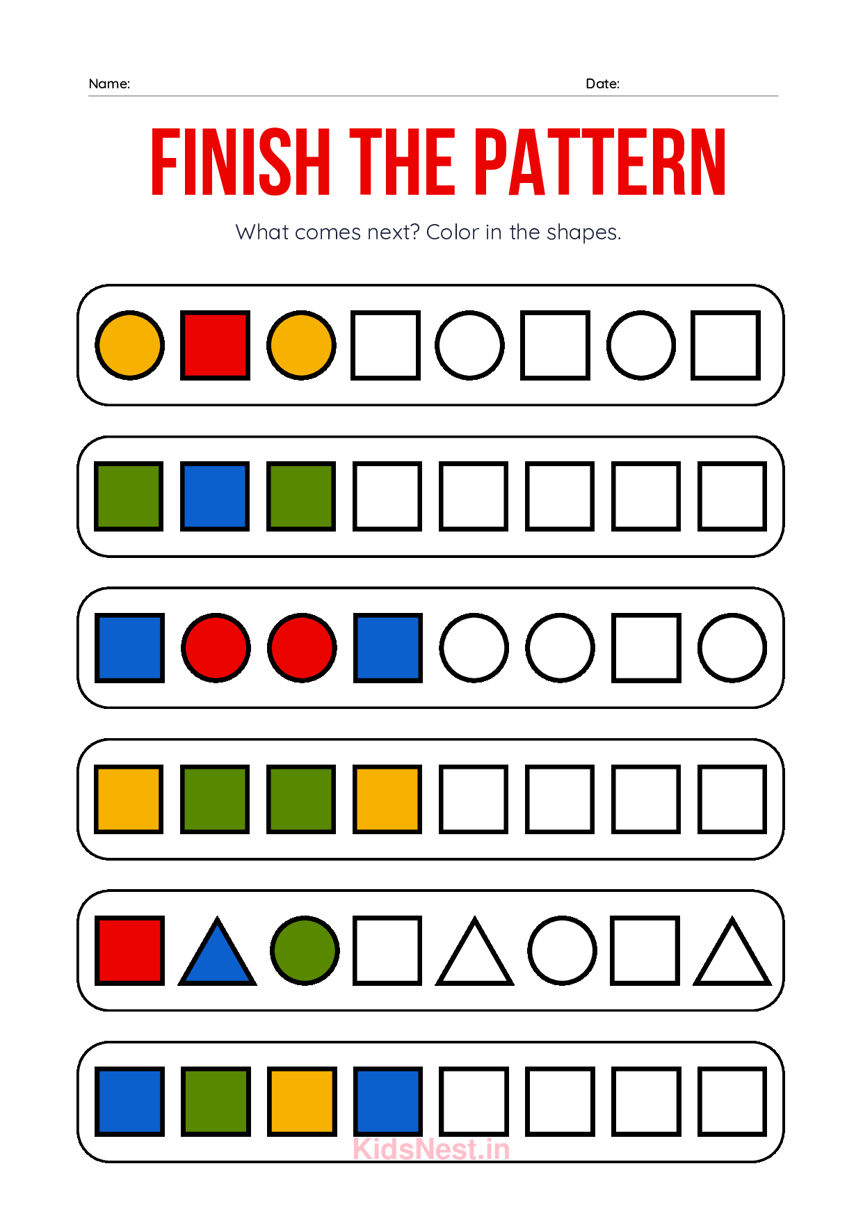 Finish the Pattern Worksheets | Kids Printable Activities