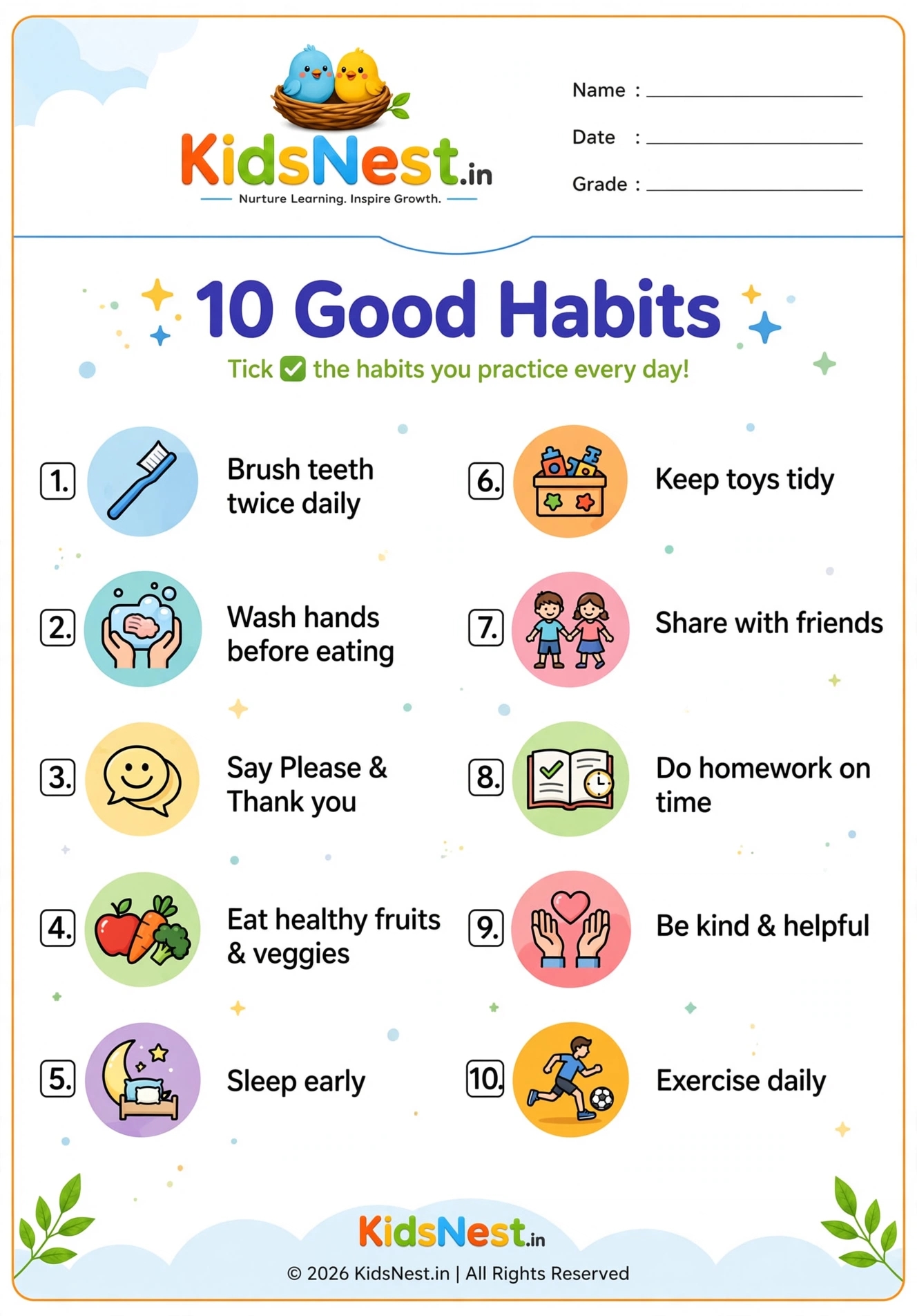 10 Good Habits Worksheet for Kids | Printable Learning Activity