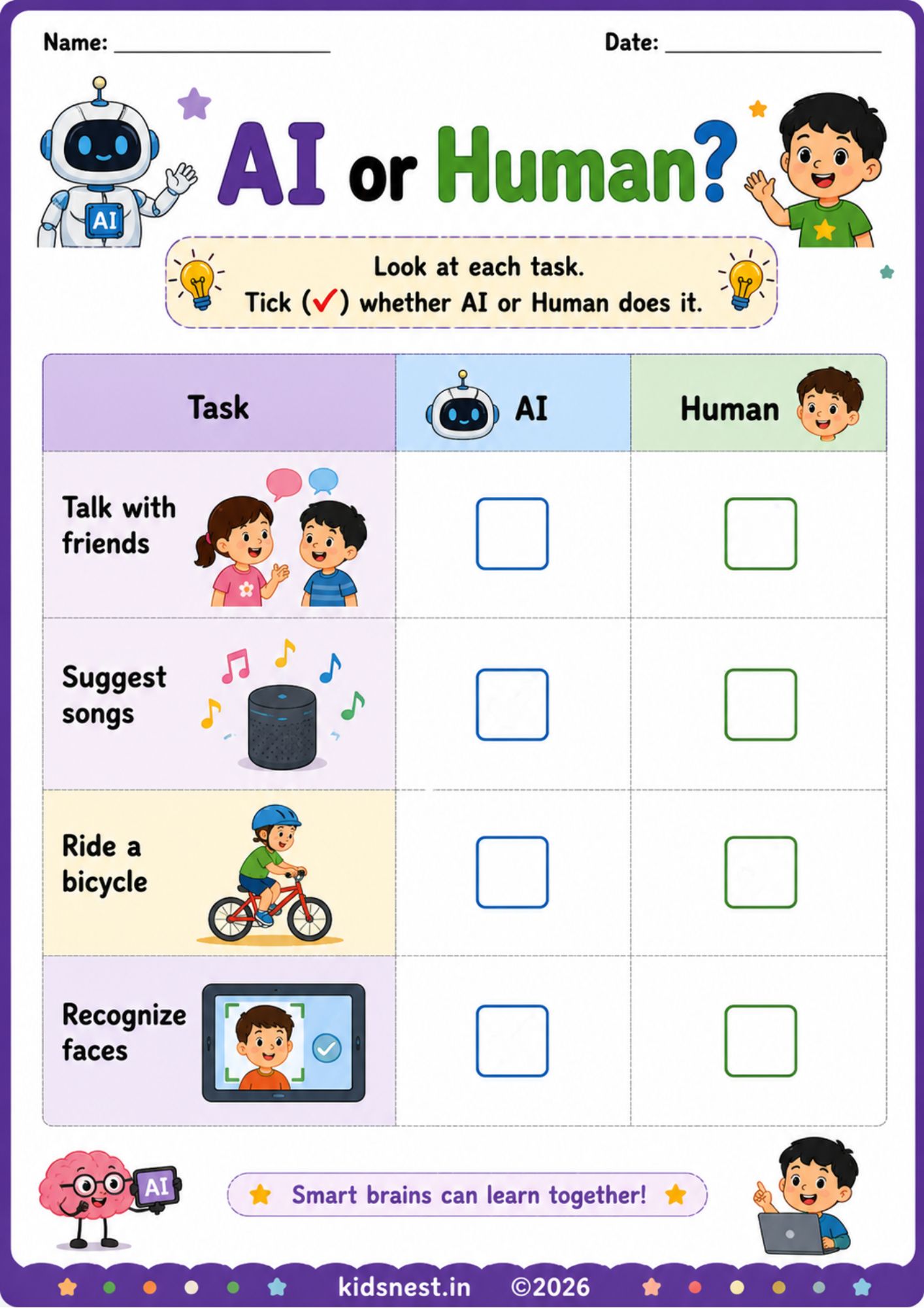 AI or Human? Fun AI Learning Worksheet for Kids