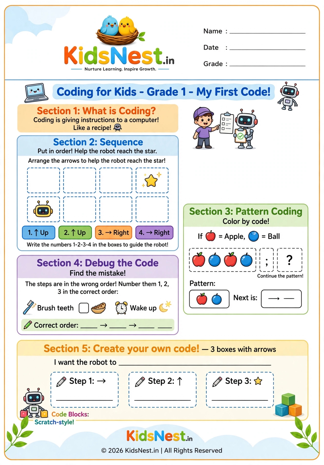 Coding for Kids Worksheet: My First Code | Printable Activity