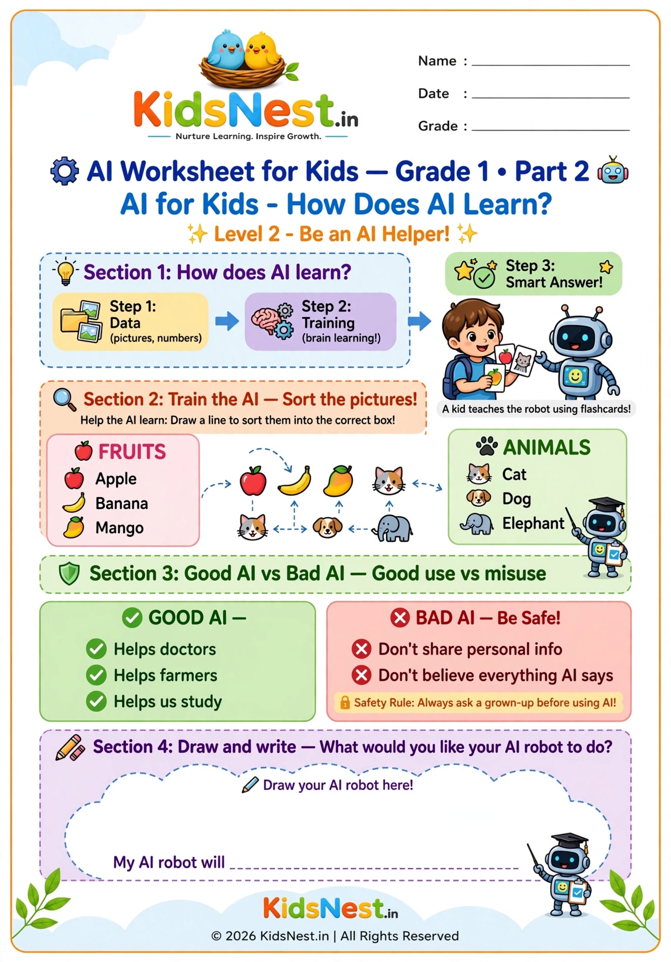 How Does AI Learn? Fun AI Worksheet for Grade 1 Kids
