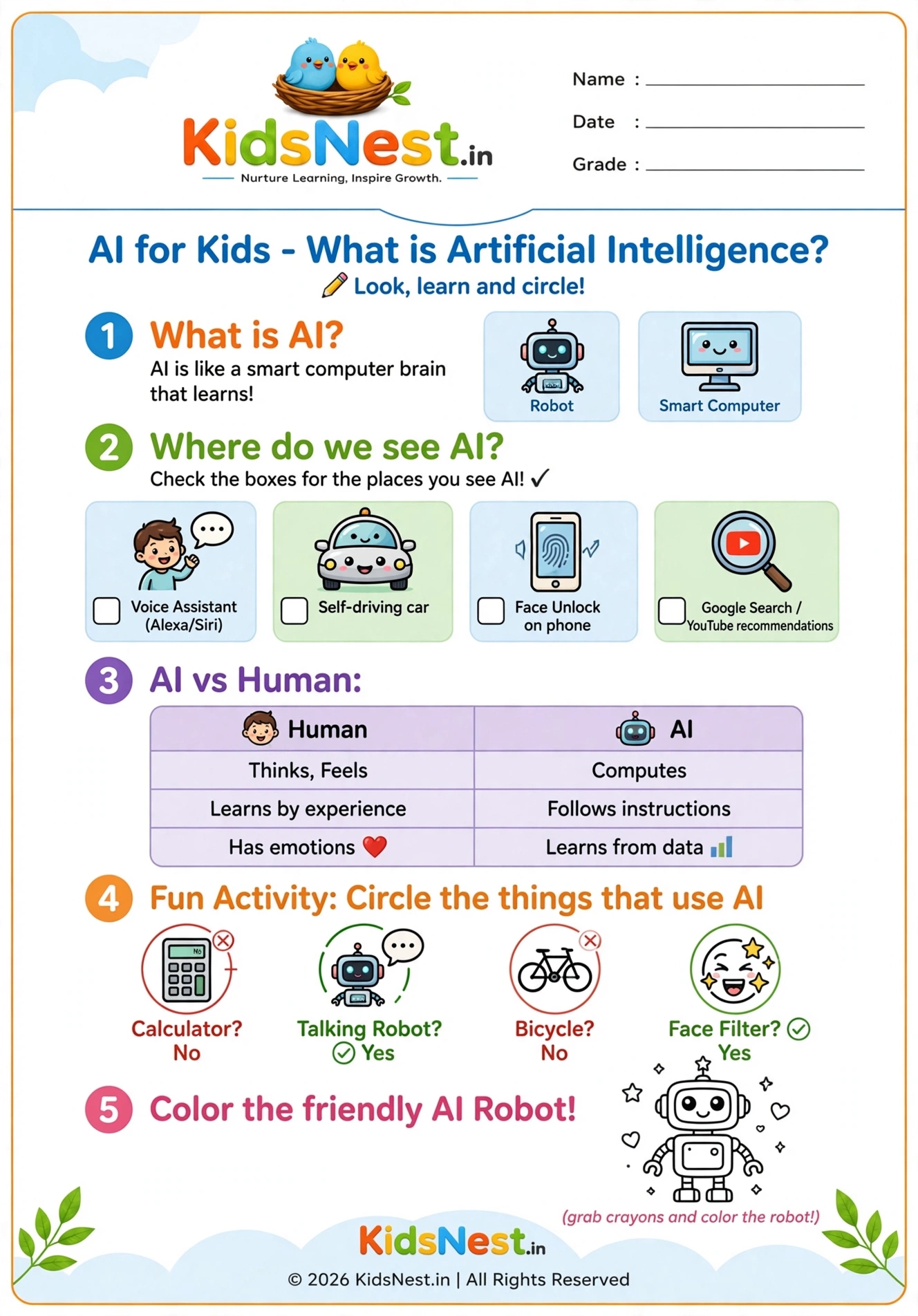 What is AI? Educational Worksheet for Kids | Printable PDF