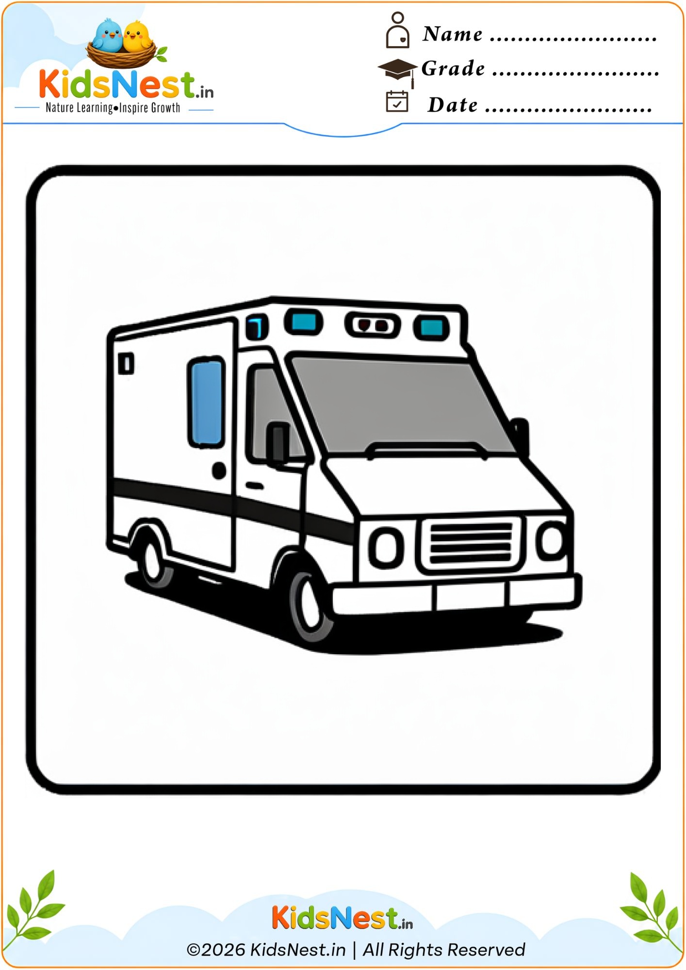 Ambulance Coloring Worksheet for Kids | Printable PDF