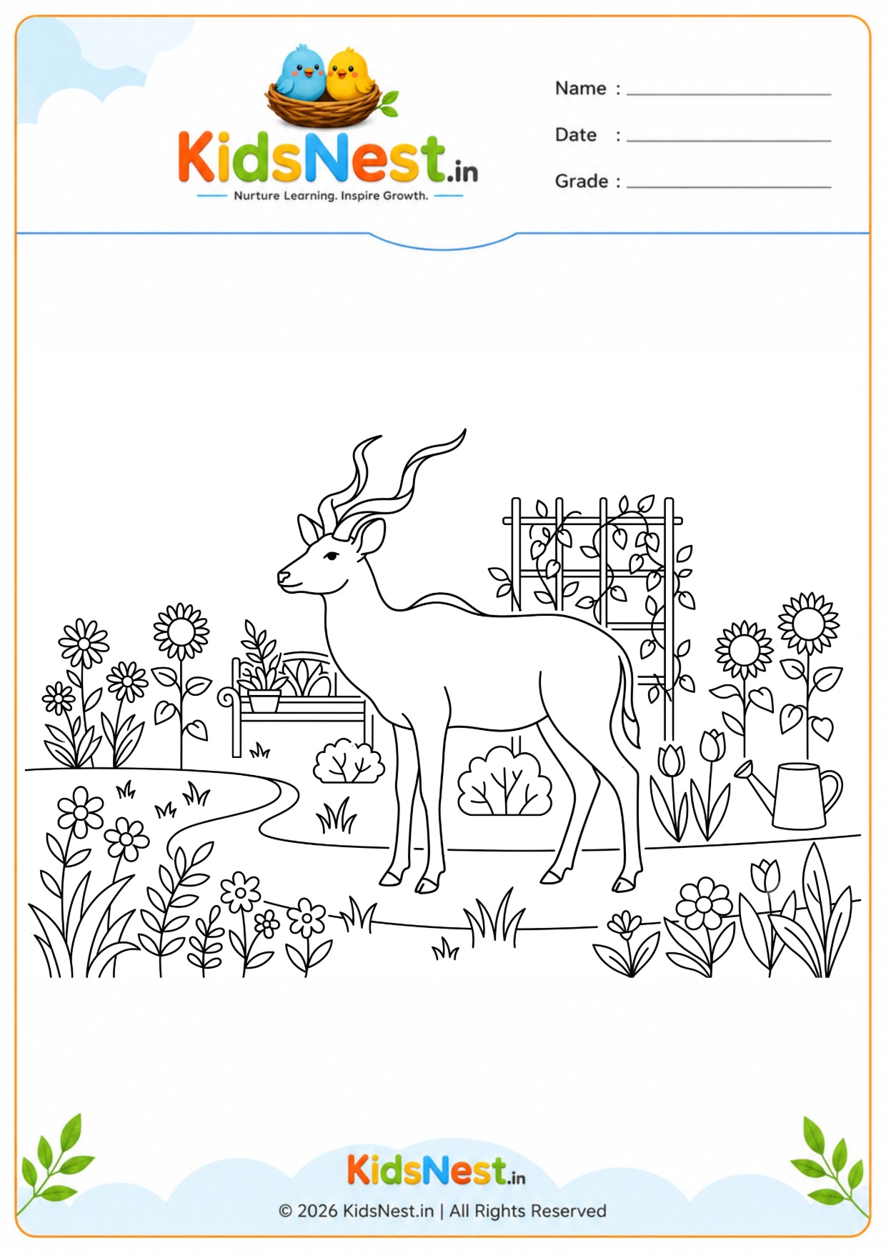 Antelope in Flower Garden Coloring Page for Kids | Printable