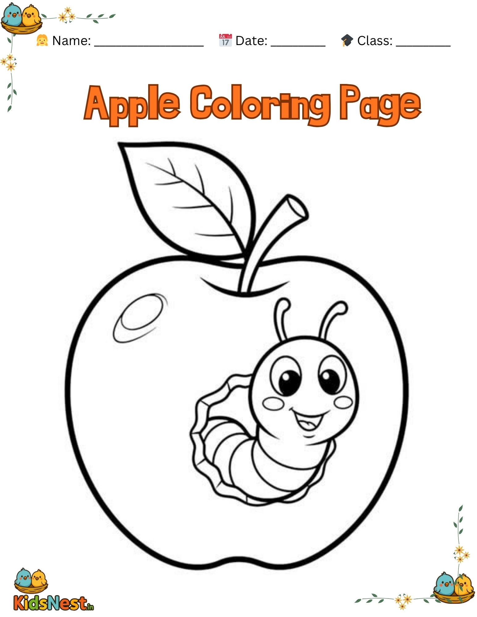 Free Printable Apple & Caterpillar Coloring Page for Kids