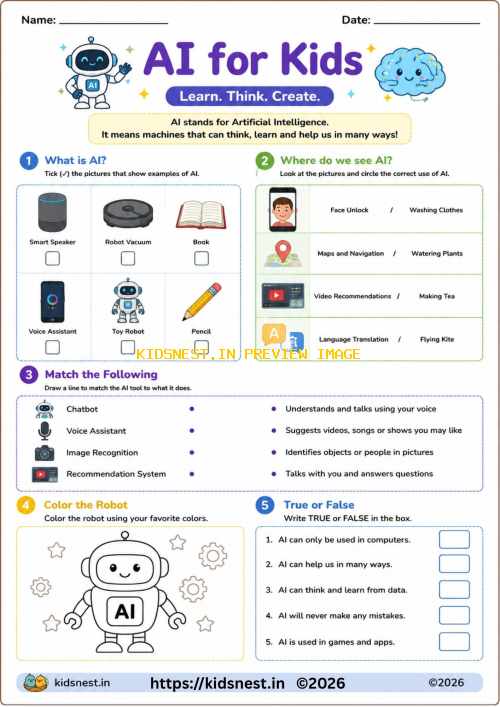 Artificial Intelligence Worksheet for Kids | Printable Lesson