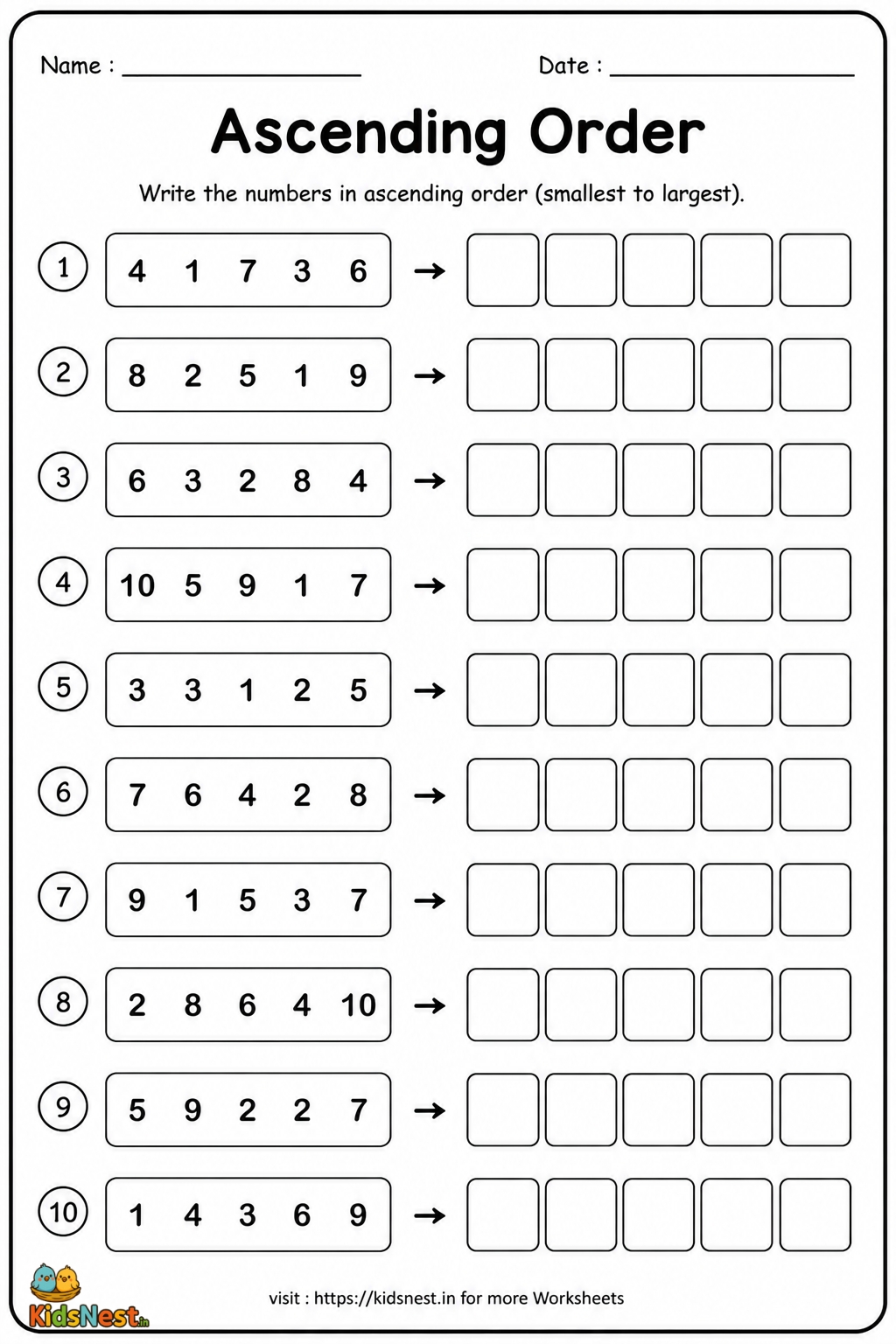Kids Ascending Order Math Worksheet | Free Printable