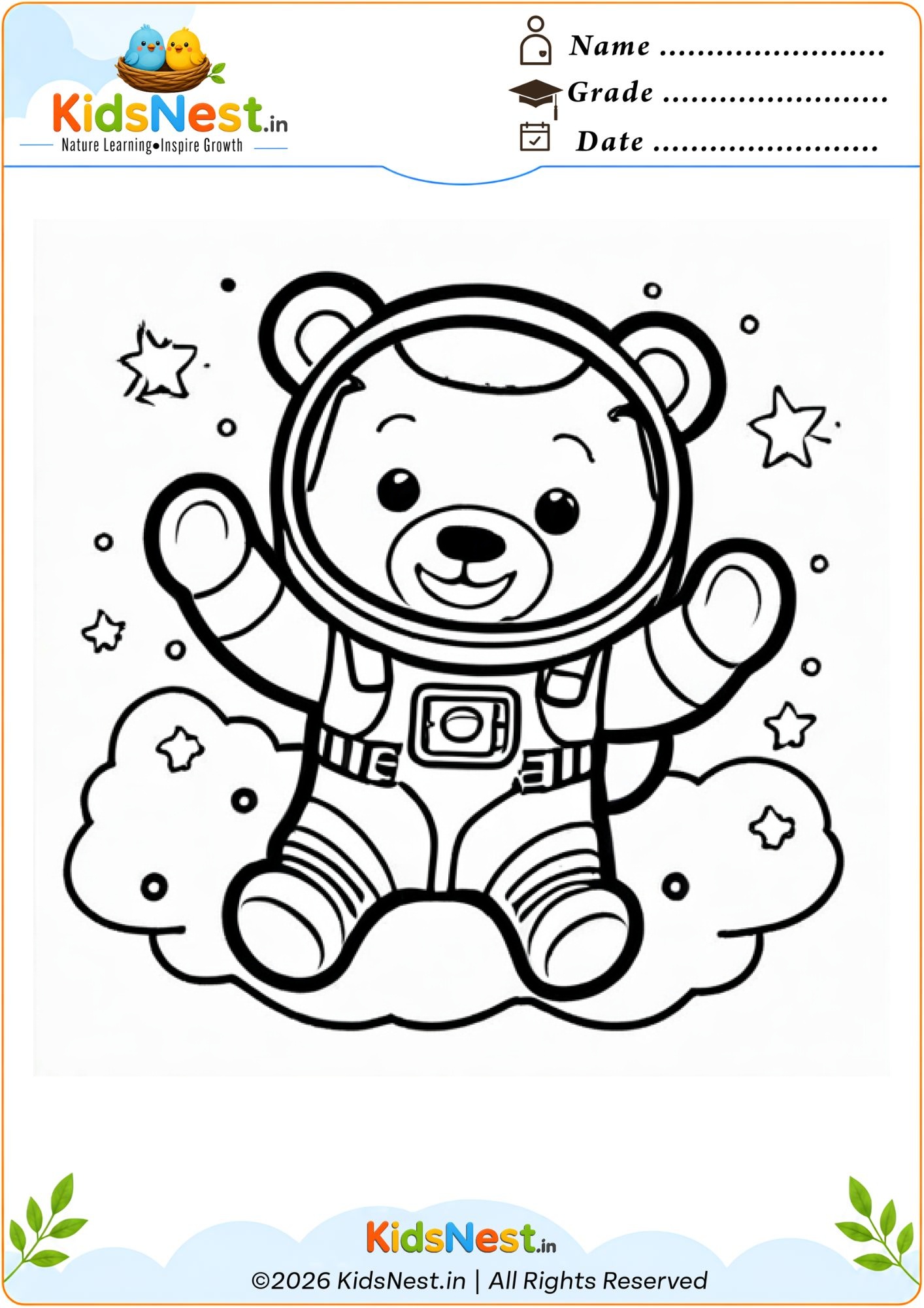 Astronaut Bear Coloring Worksheet for Kids | Printable PDF